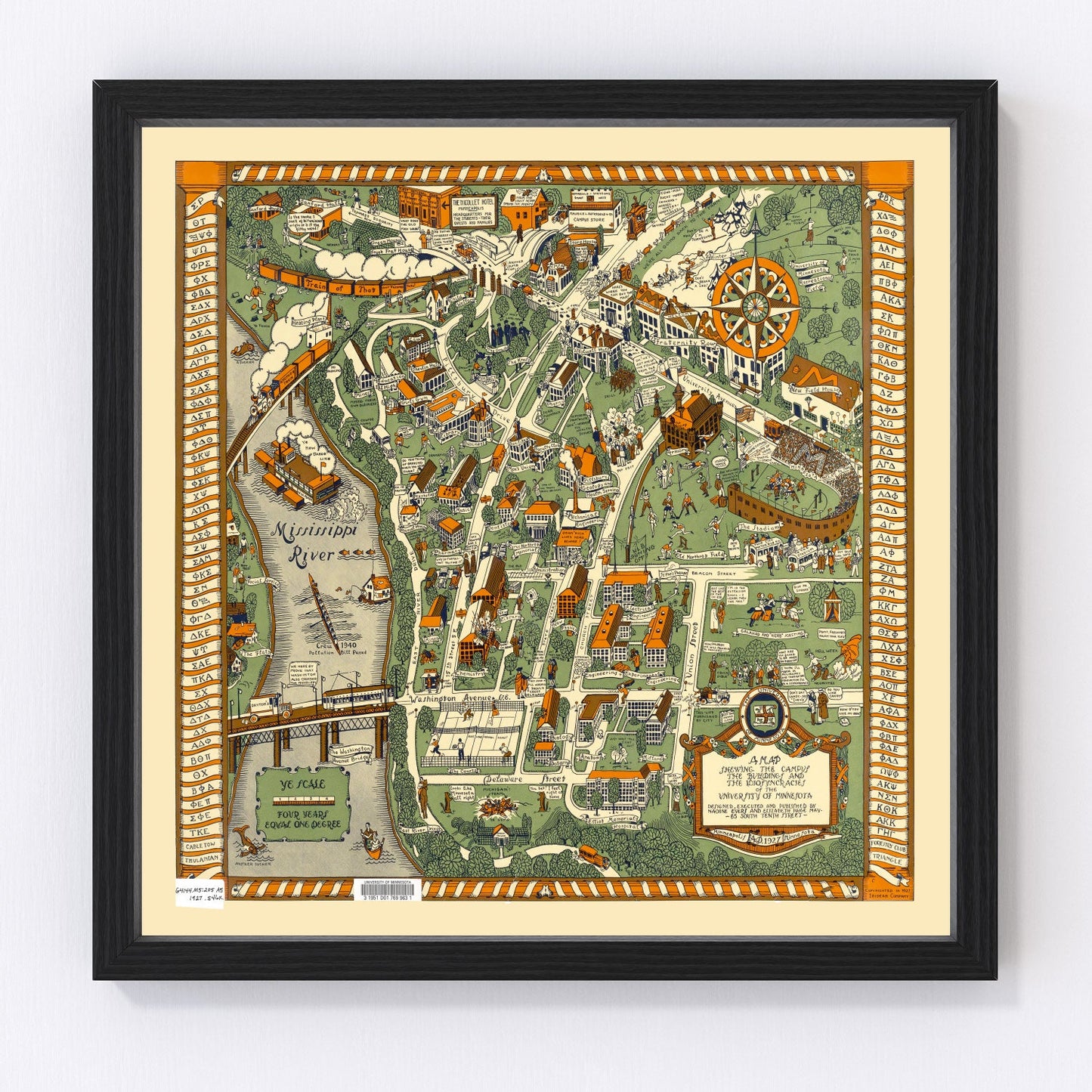 University of Minnesota campus vintage map 1927, restored print wall art