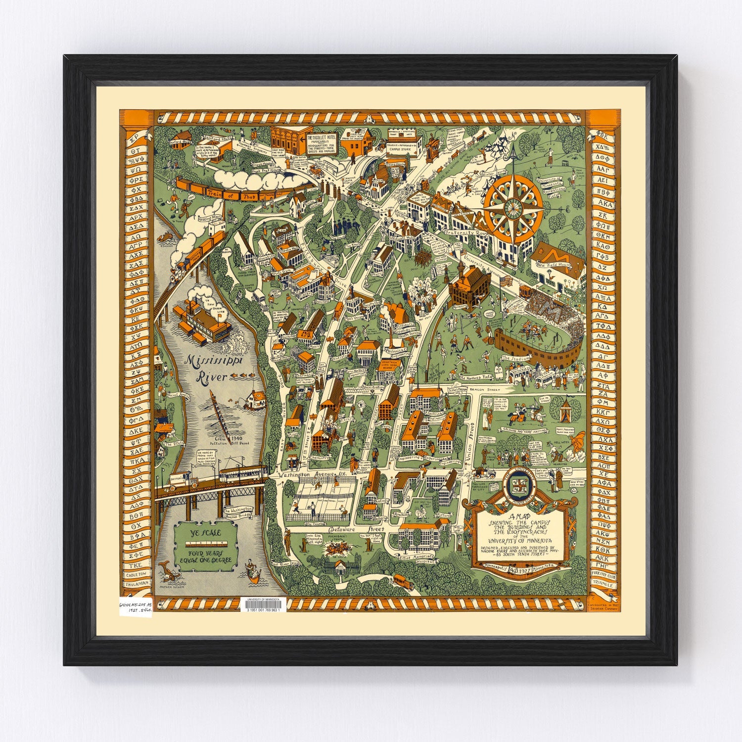 University of Minnesota campus vintage map 1927, restored print wall art