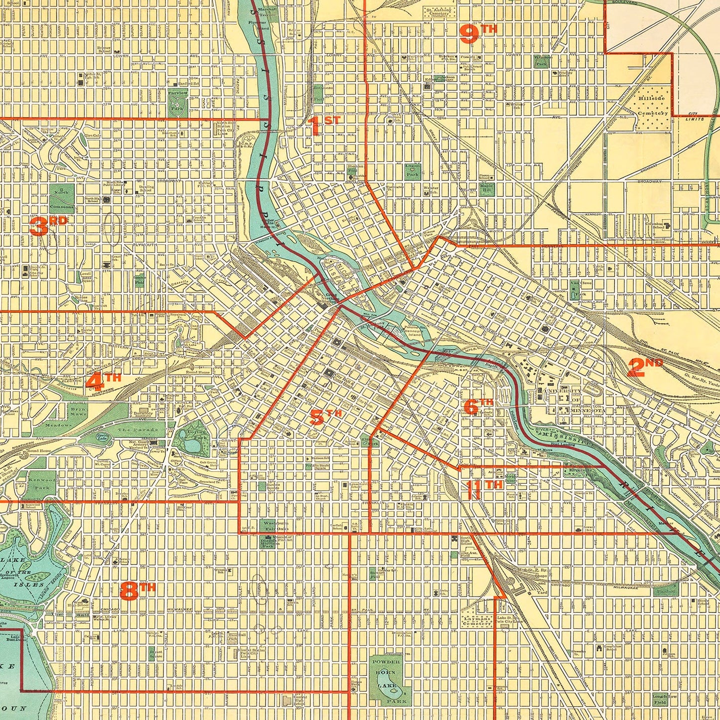 Vintage Map of Minneapolis, Minnesota, 1924