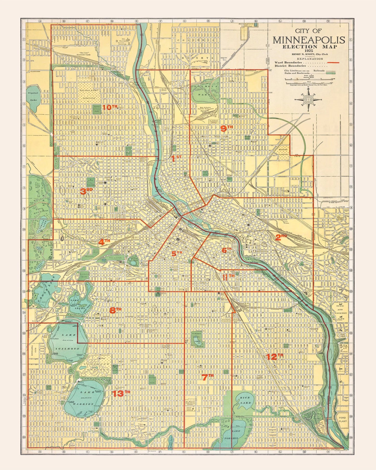 Vintage Map of Minneapolis, Minnesota, 1924