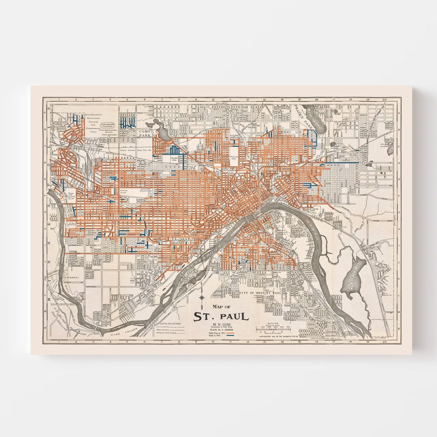 Vintage Map of St. Paul, Minnesota, 1915