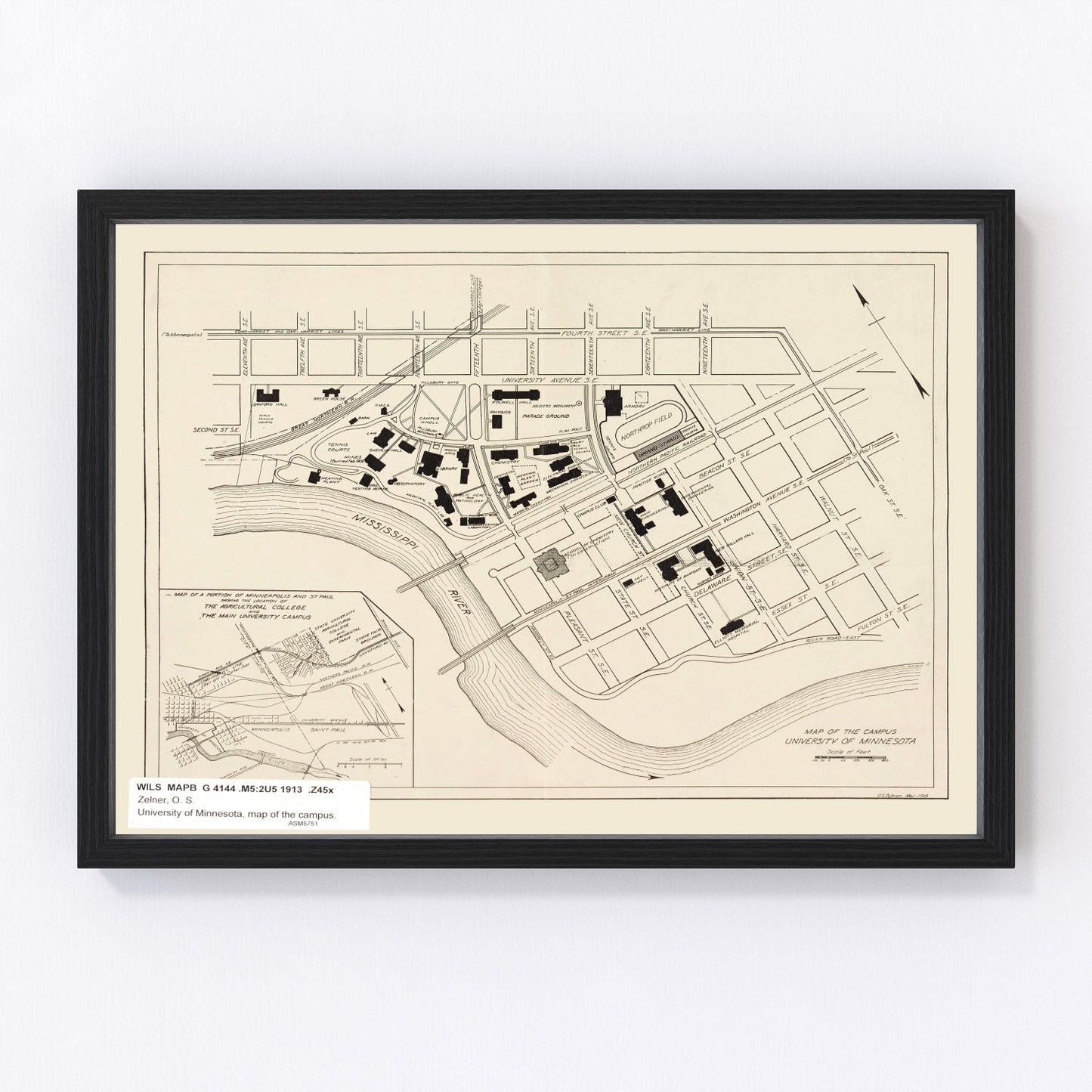 Vintage 1913 map of University of Minnesota campus in Minneapolis, restored Edwardian era print