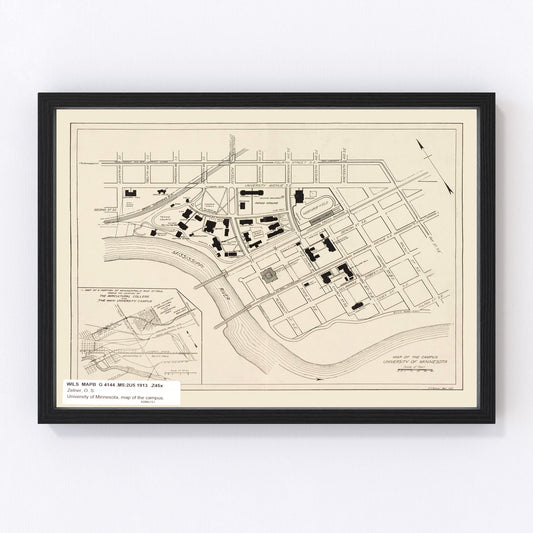 Vintage 1913 map of University of Minnesota campus in Minneapolis, restored Edwardian era print