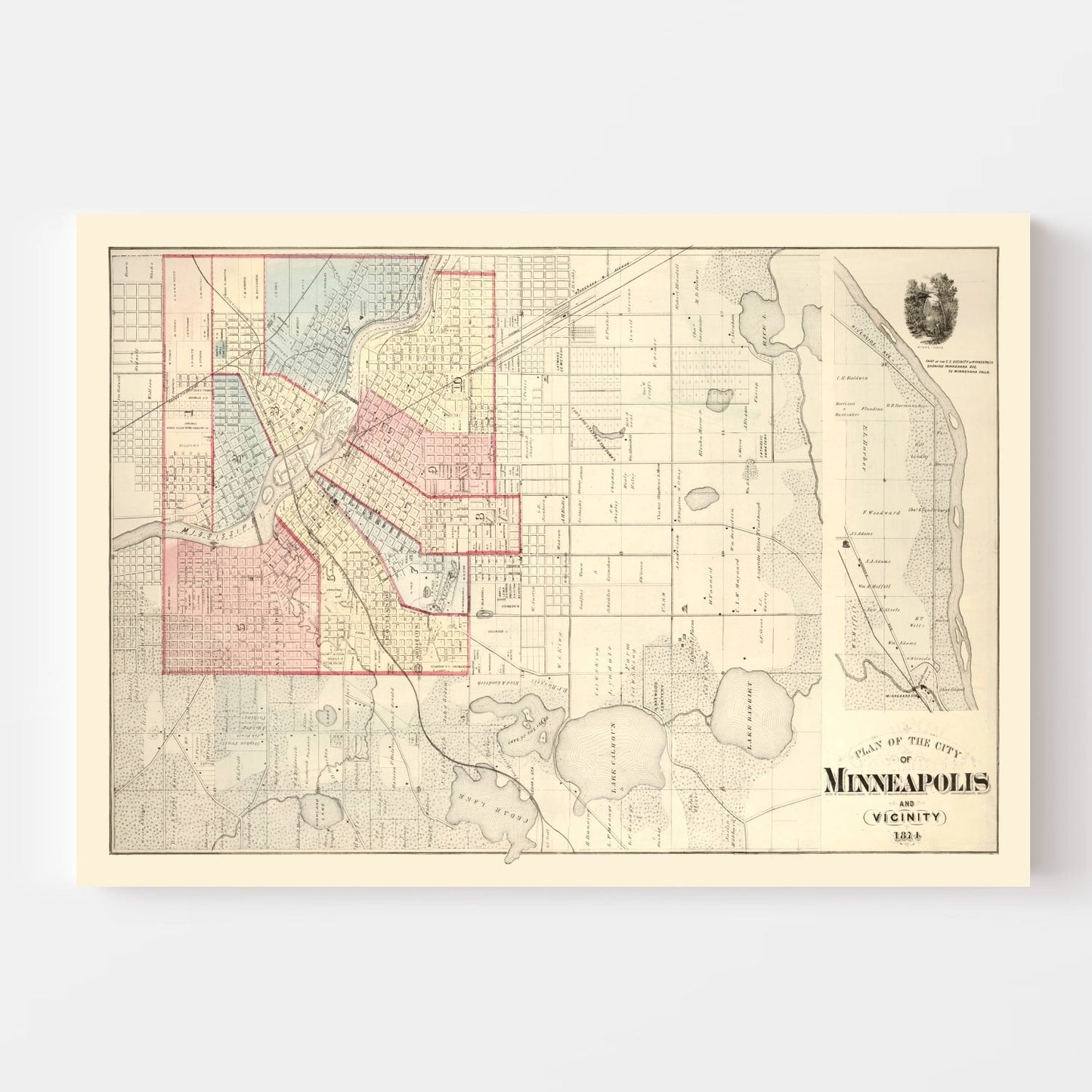 Vintage Map of Minneapolis, Minnesota, 1874