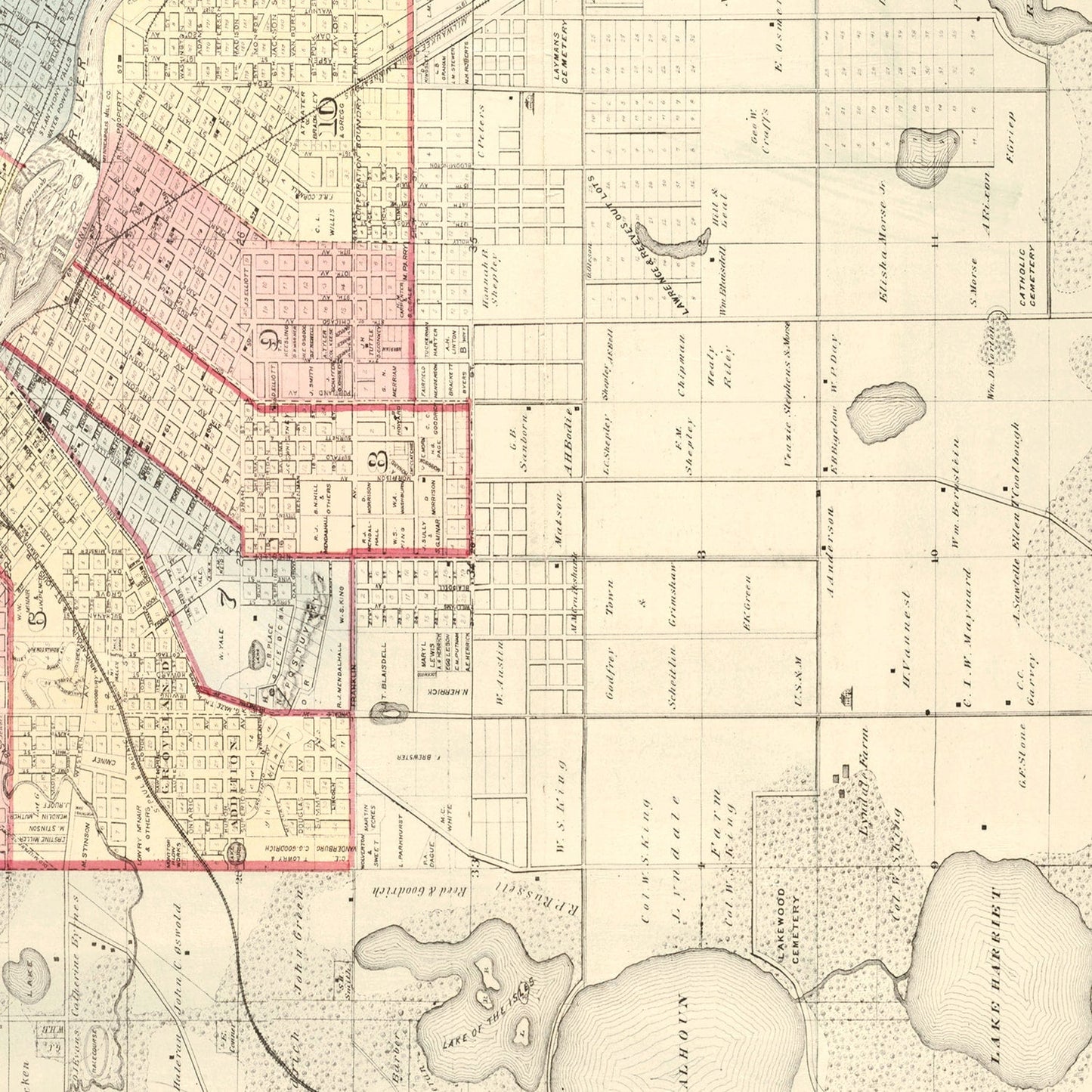 Vintage Map of Minneapolis, Minnesota, 1874