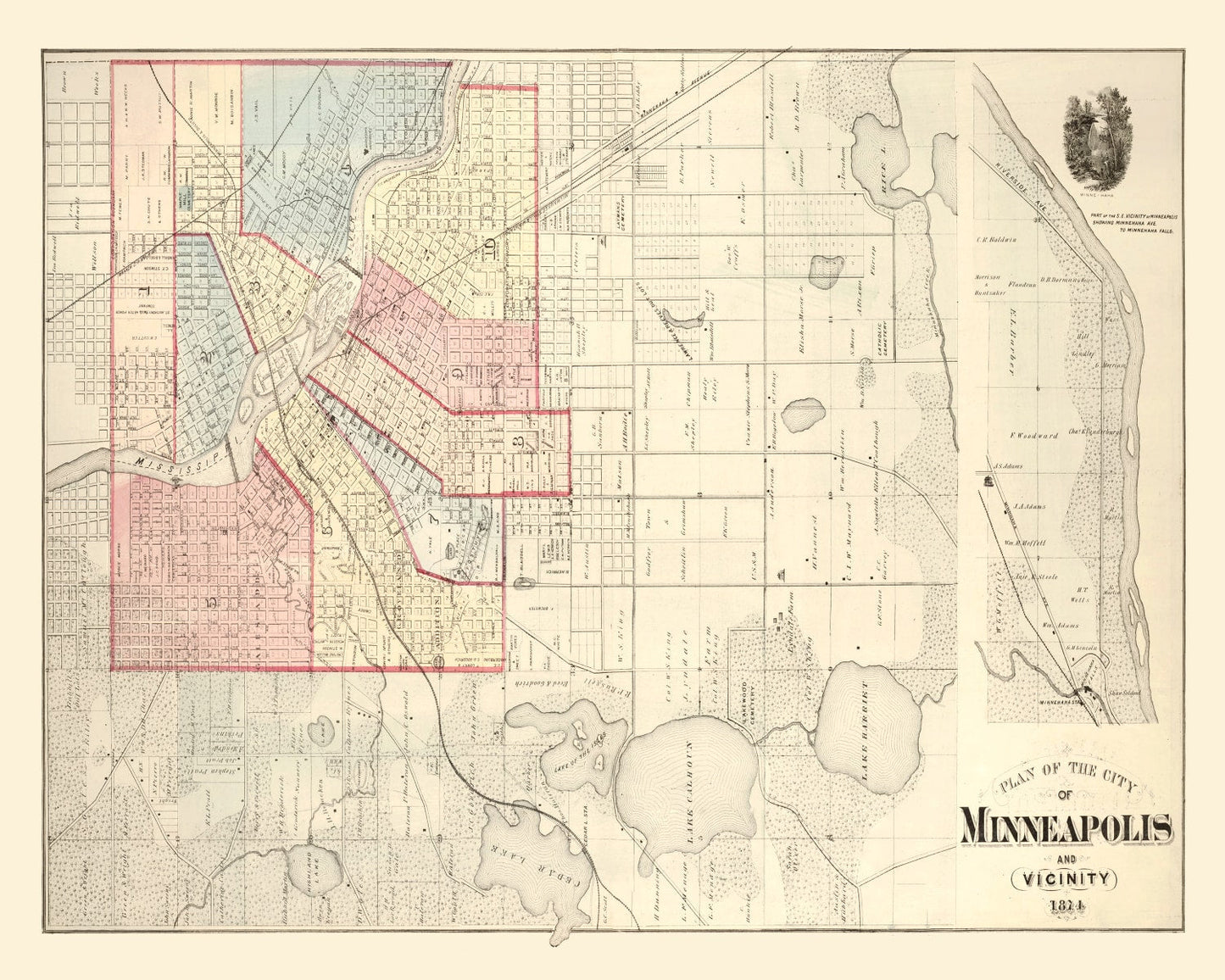 Vintage Map of Minneapolis, Minnesota, 1874