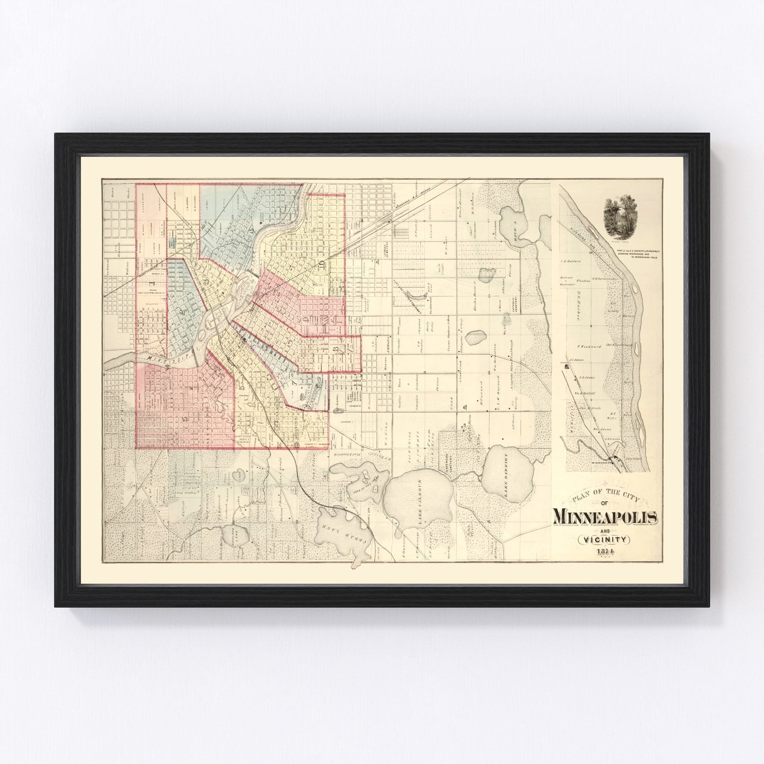 vintage map of Minneapolis, Minnesota, 1874