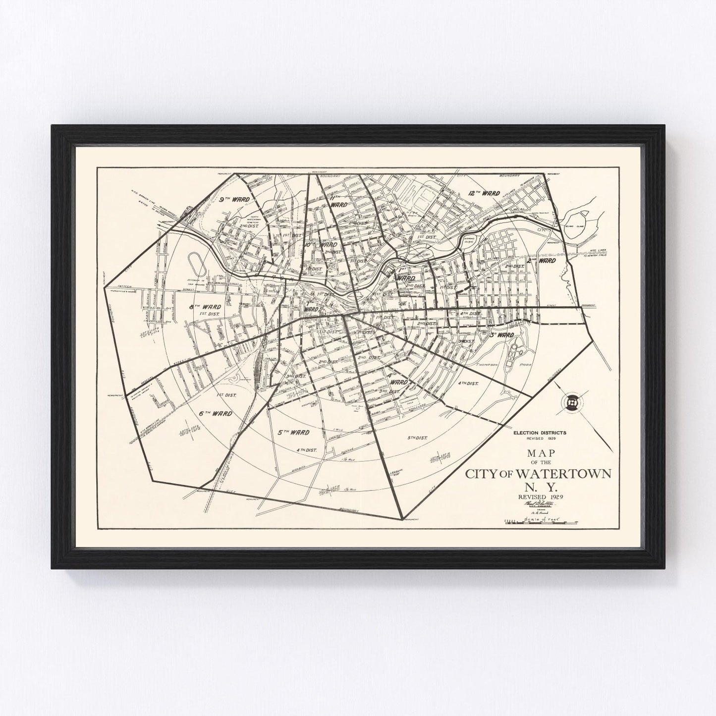Vintage map of Watertown, New York, 1929 - Jefferson County restored cartographic print