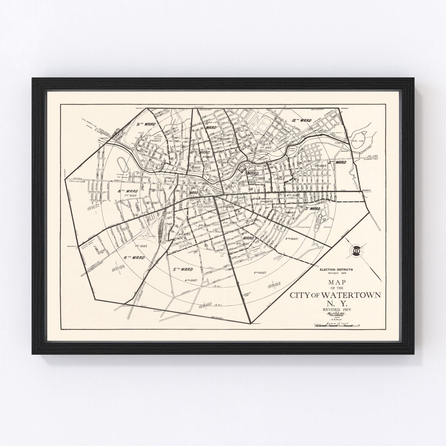 Vintage map of Watertown, New York, 1929 - Jefferson County restored cartographic print