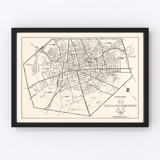 Vintage map of Watertown, New York, 1929 - Jefferson County restored cartographic print