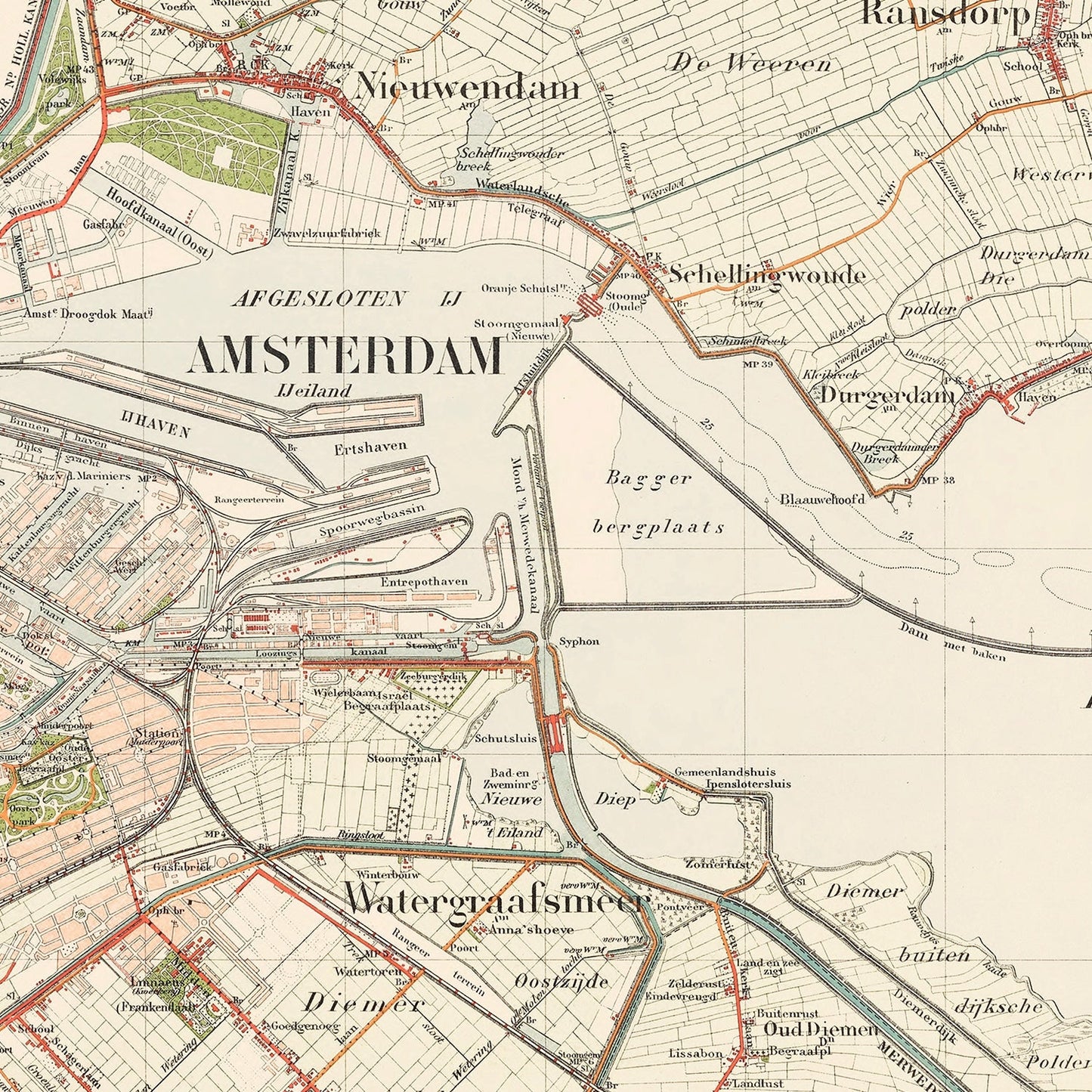 Vintage Map of Amsterdam, Netherlands, 1929