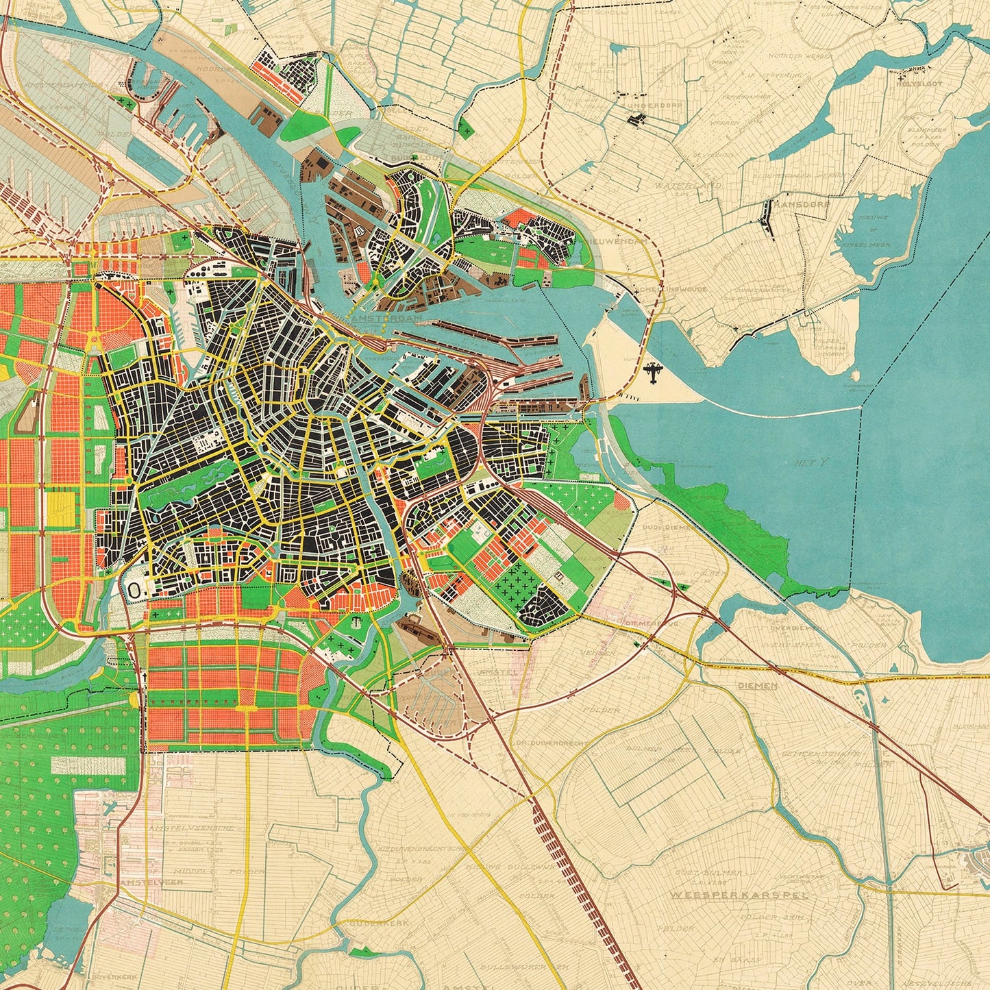 Vintage Map of Amsterdam, Netherlands, 1927