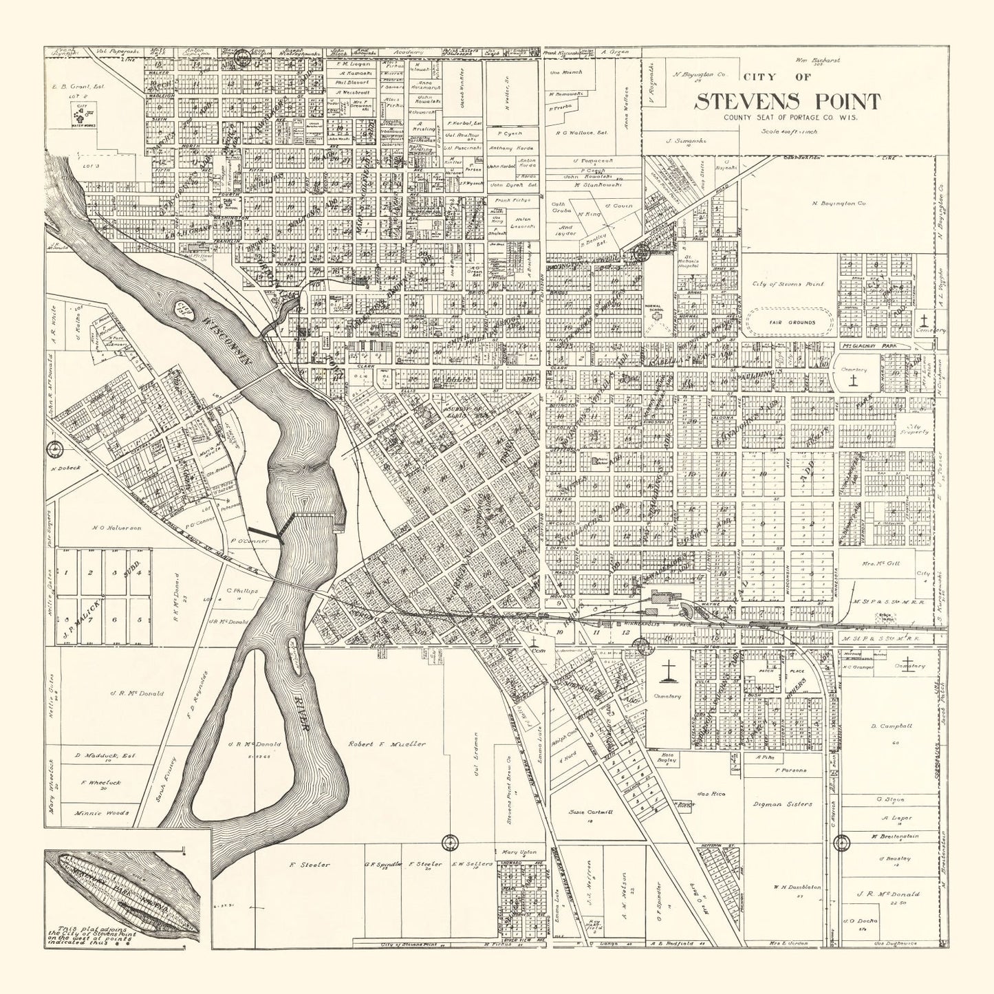 Vintage Map of Stevens Point, Wisconsin, 1919
