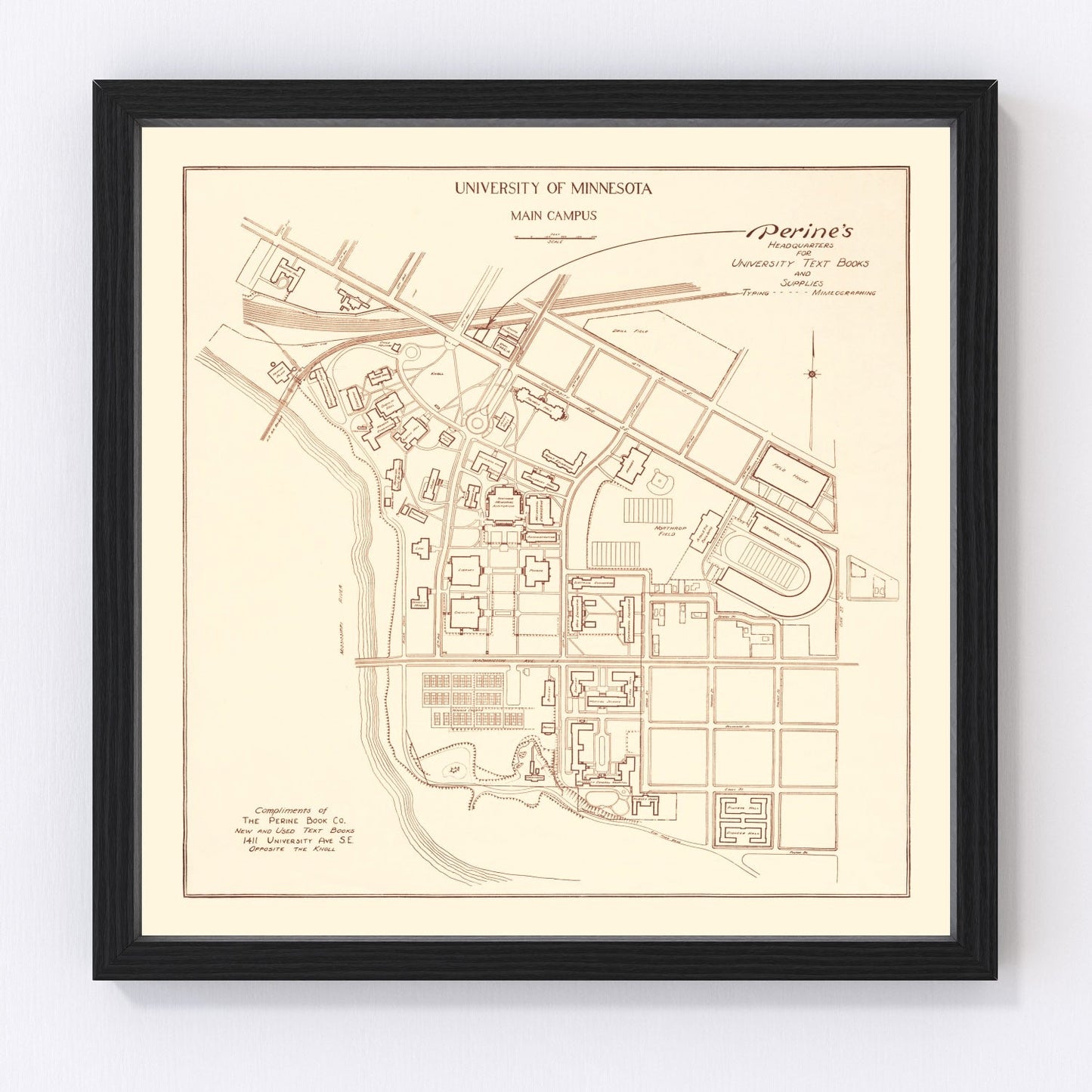 University of Minnesota campus vintage map 1936, restored print wall art