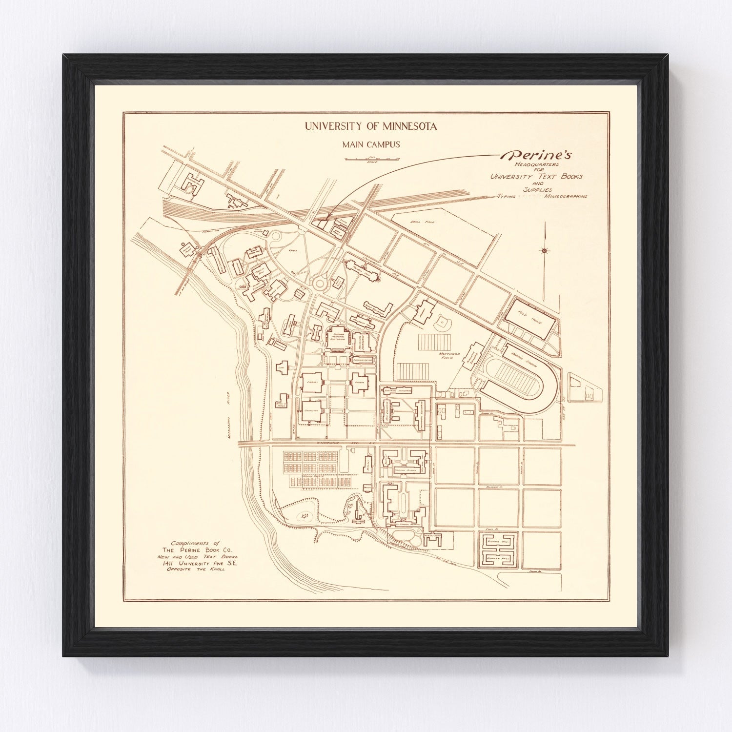 University of Minnesota campus vintage map 1936, restored print wall art