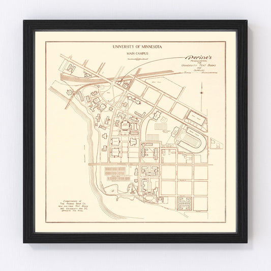 University of Minnesota campus vintage map 1936, restored print wall art
