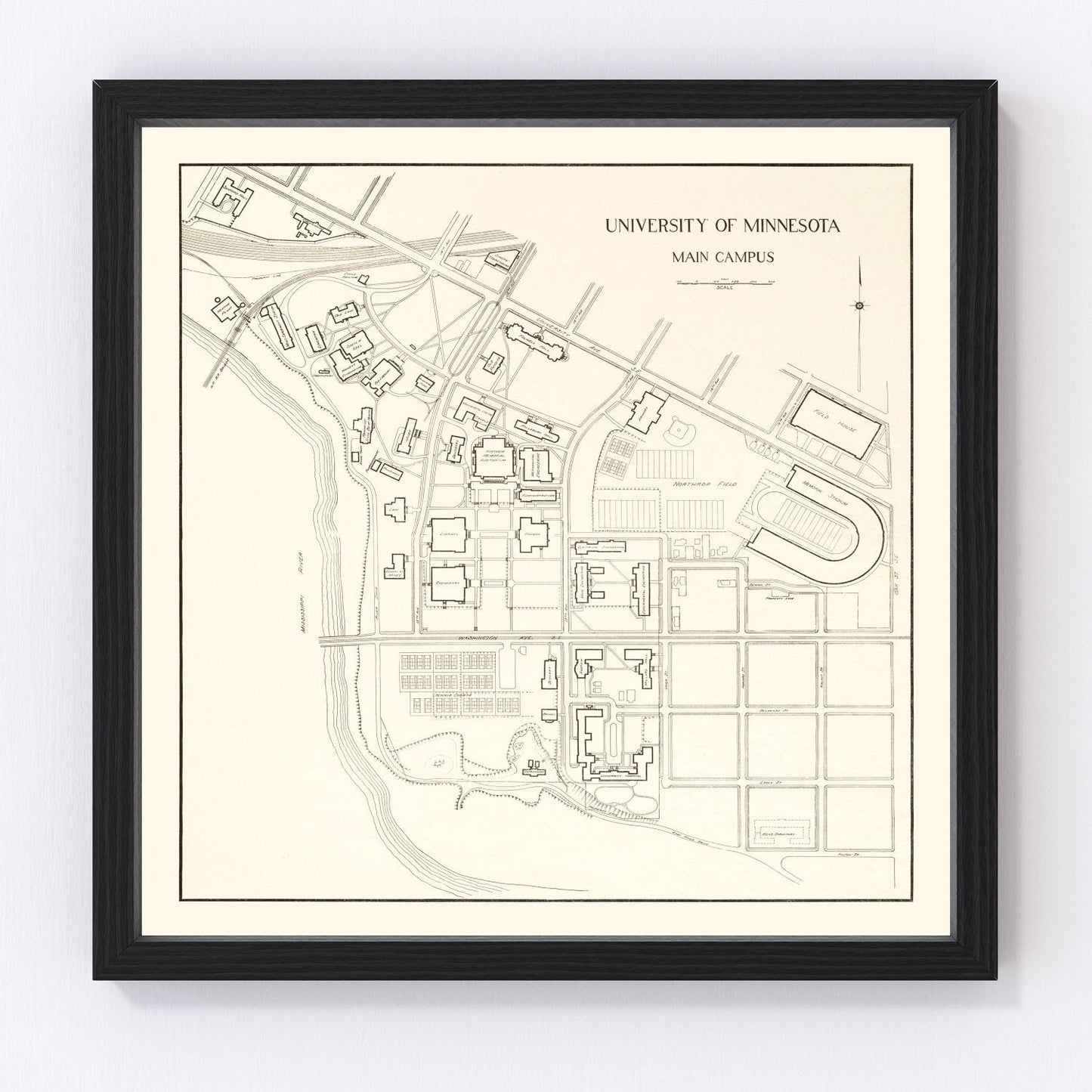 University of Minnesota campus map, 1930, digitally restored vintage print
