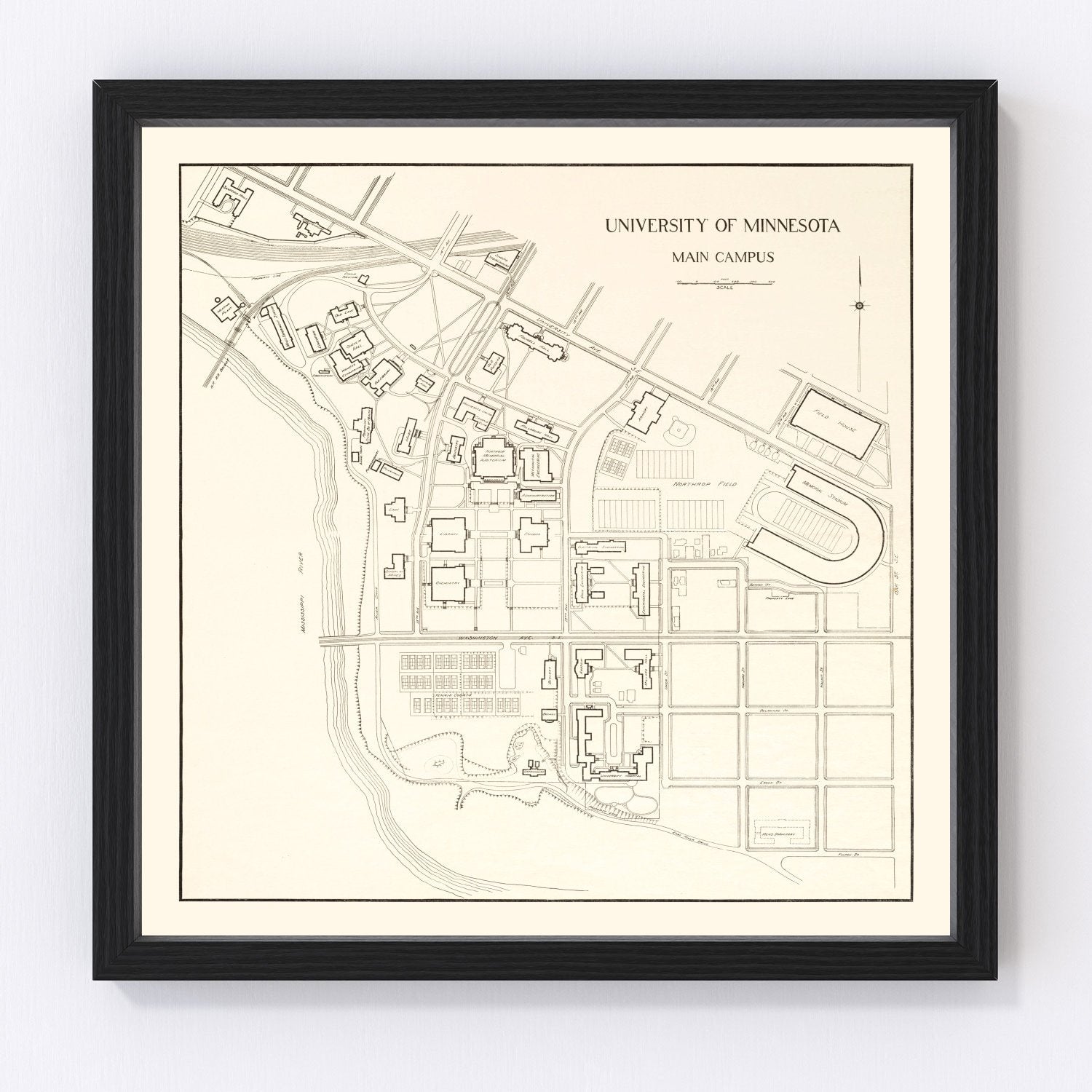 University of Minnesota campus map, 1930, digitally restored vintage print