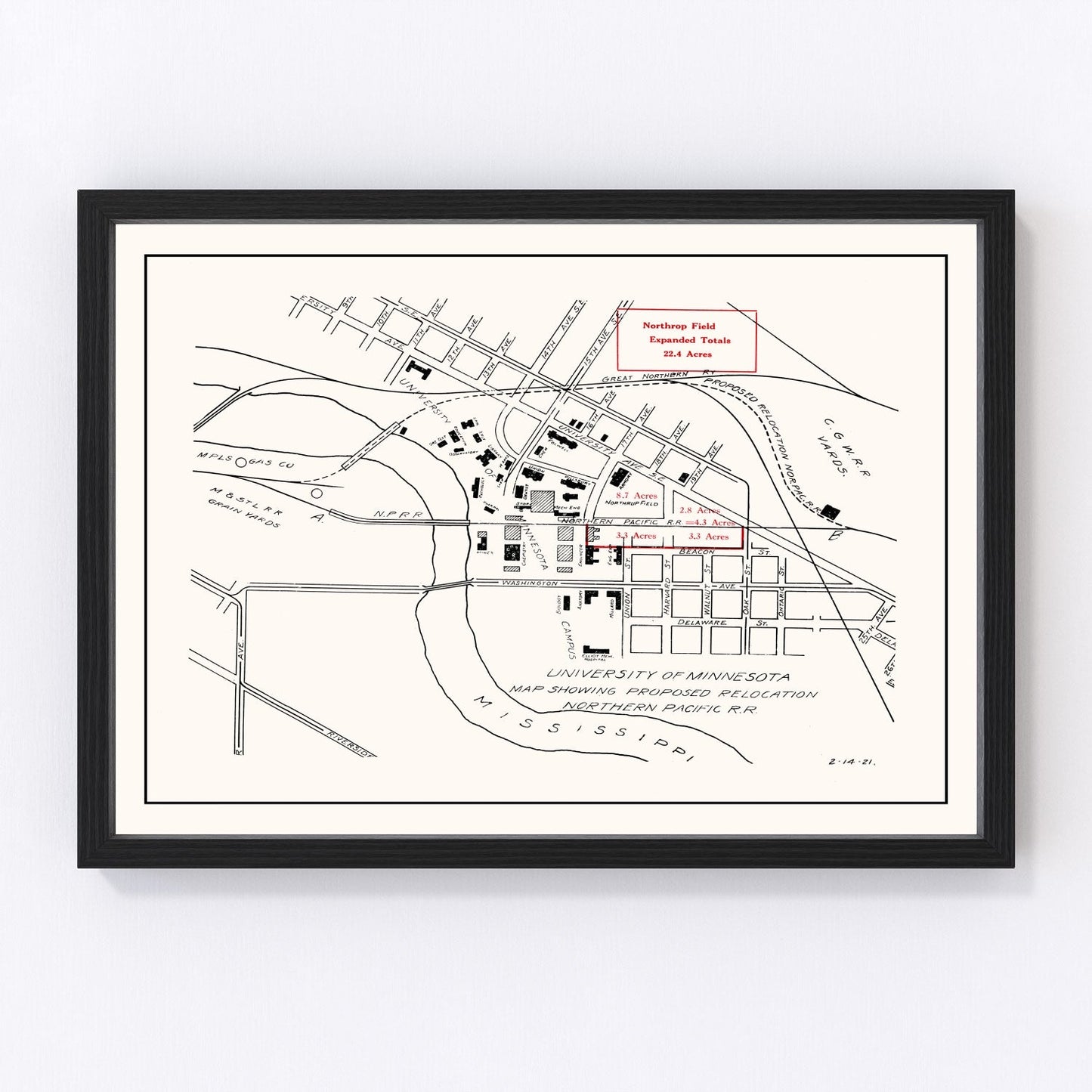 University of Minnesota campus vintage map 1921, restored print wall art