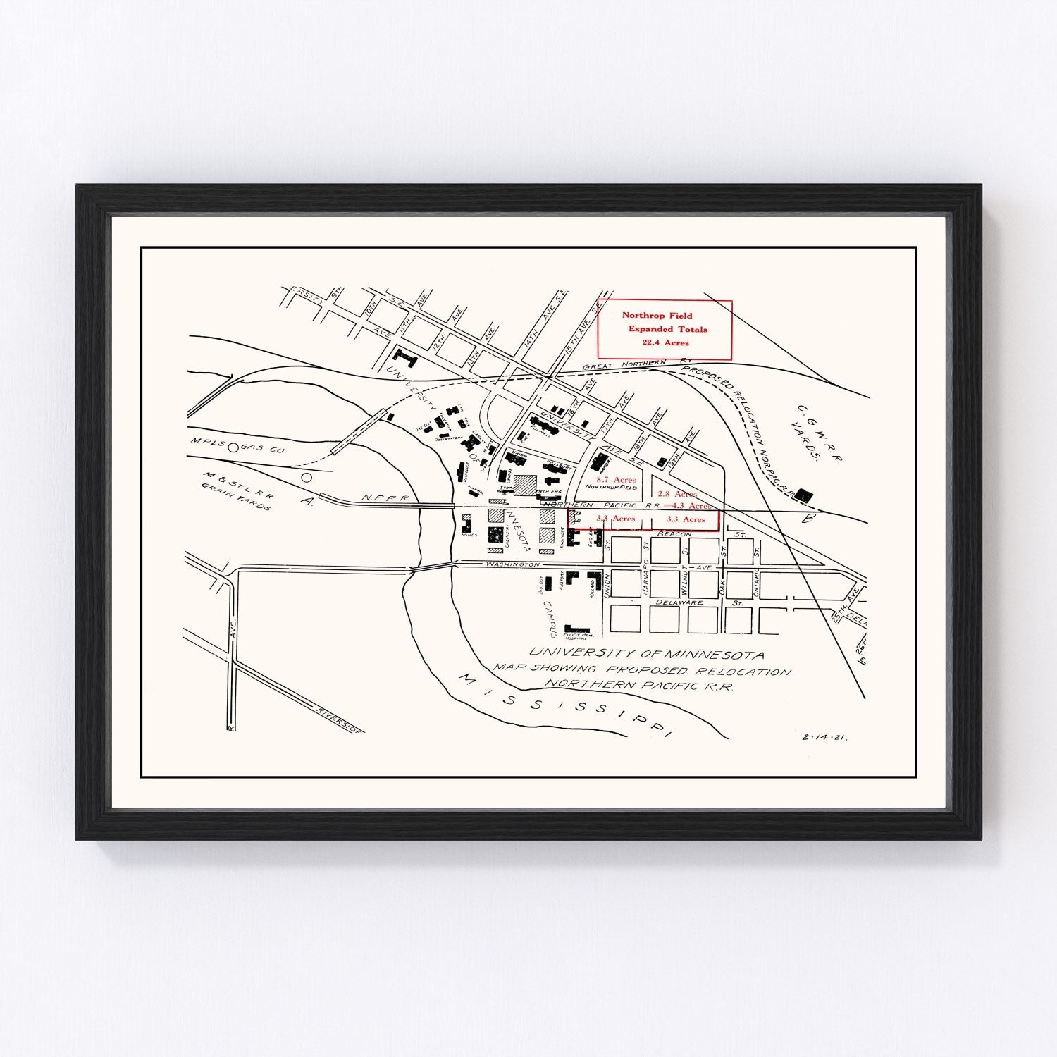 University of Minnesota campus vintage map 1921, restored print wall art