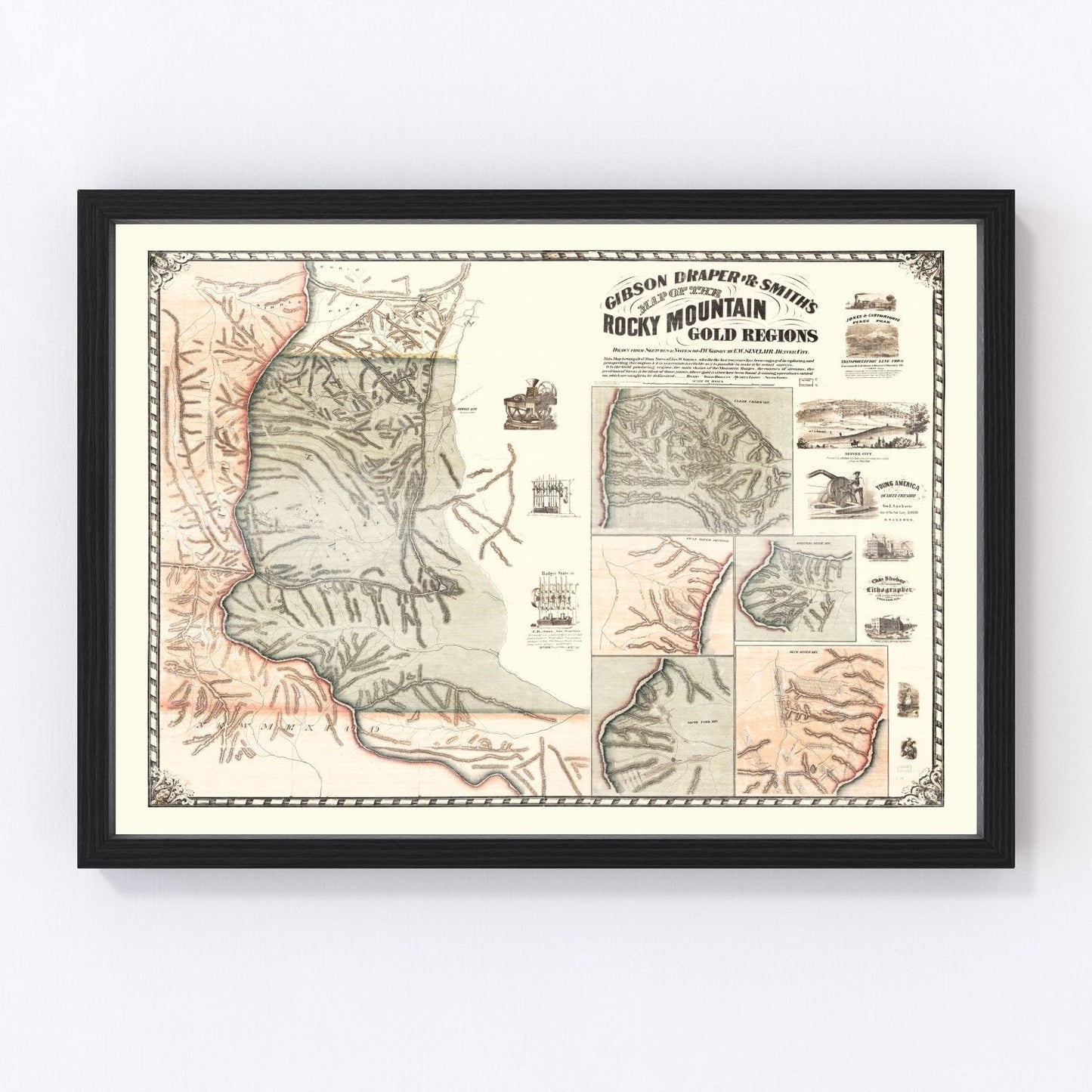 vintage map of the Rocky Mountain Gold Regions, 1861, Colorado mining districts
