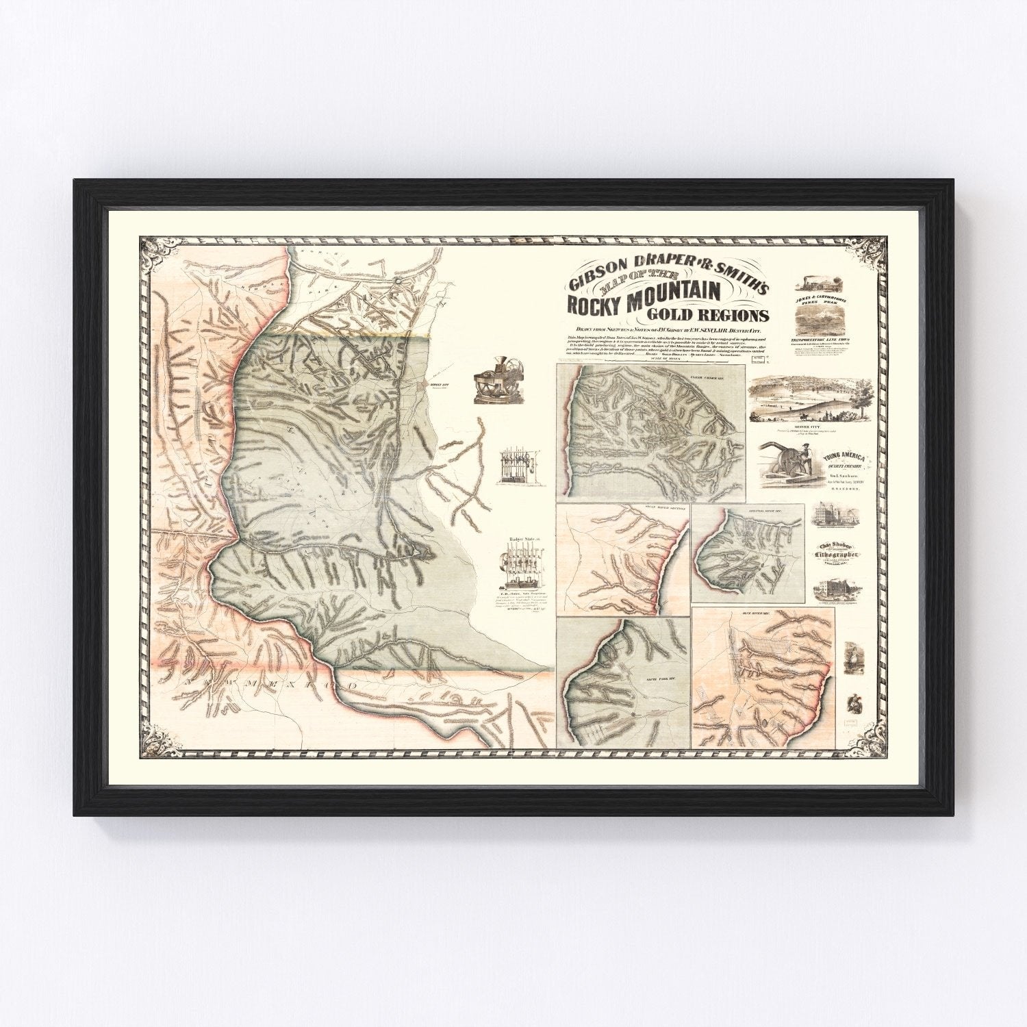 vintage map of the Rocky Mountain Gold Regions, 1861, Colorado mining districts