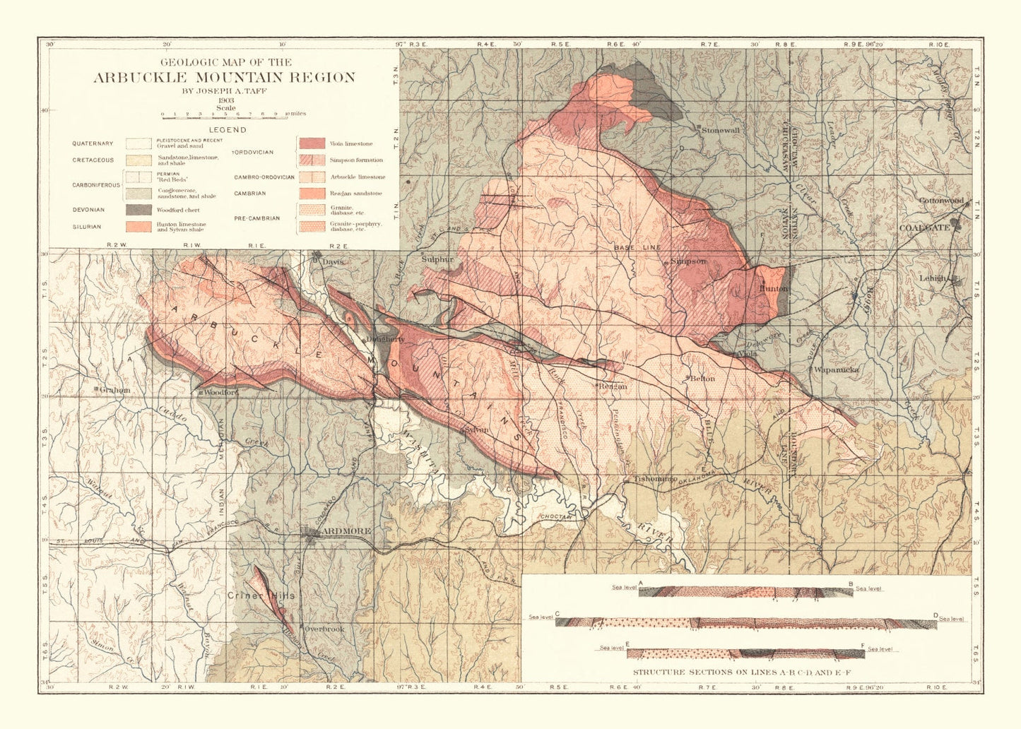 Vintage Map of the Arbuckle Mountain Region, 1903
