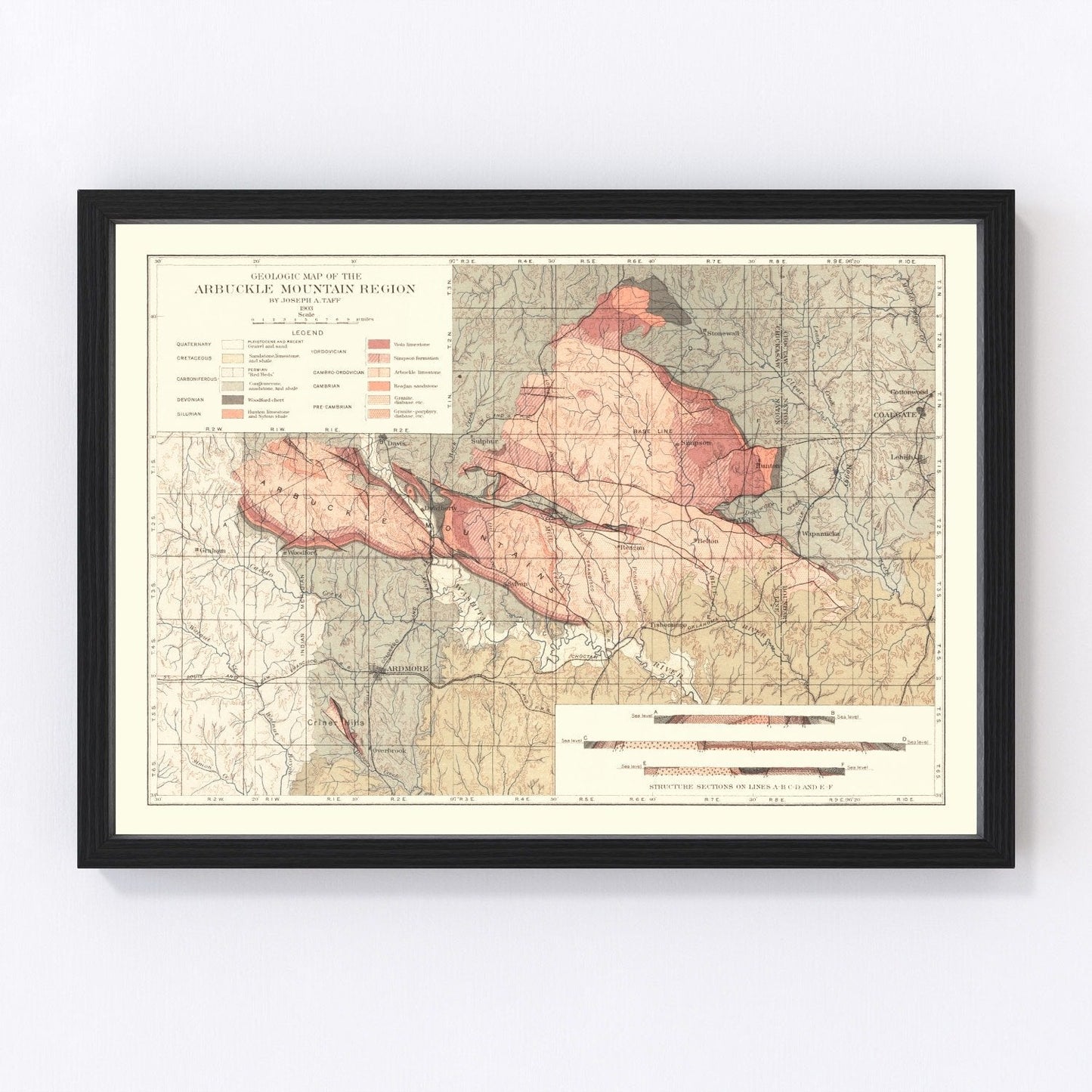 Vintage map of the Arbuckle Mountain region, Oklahoma, 1903 - restored survey print