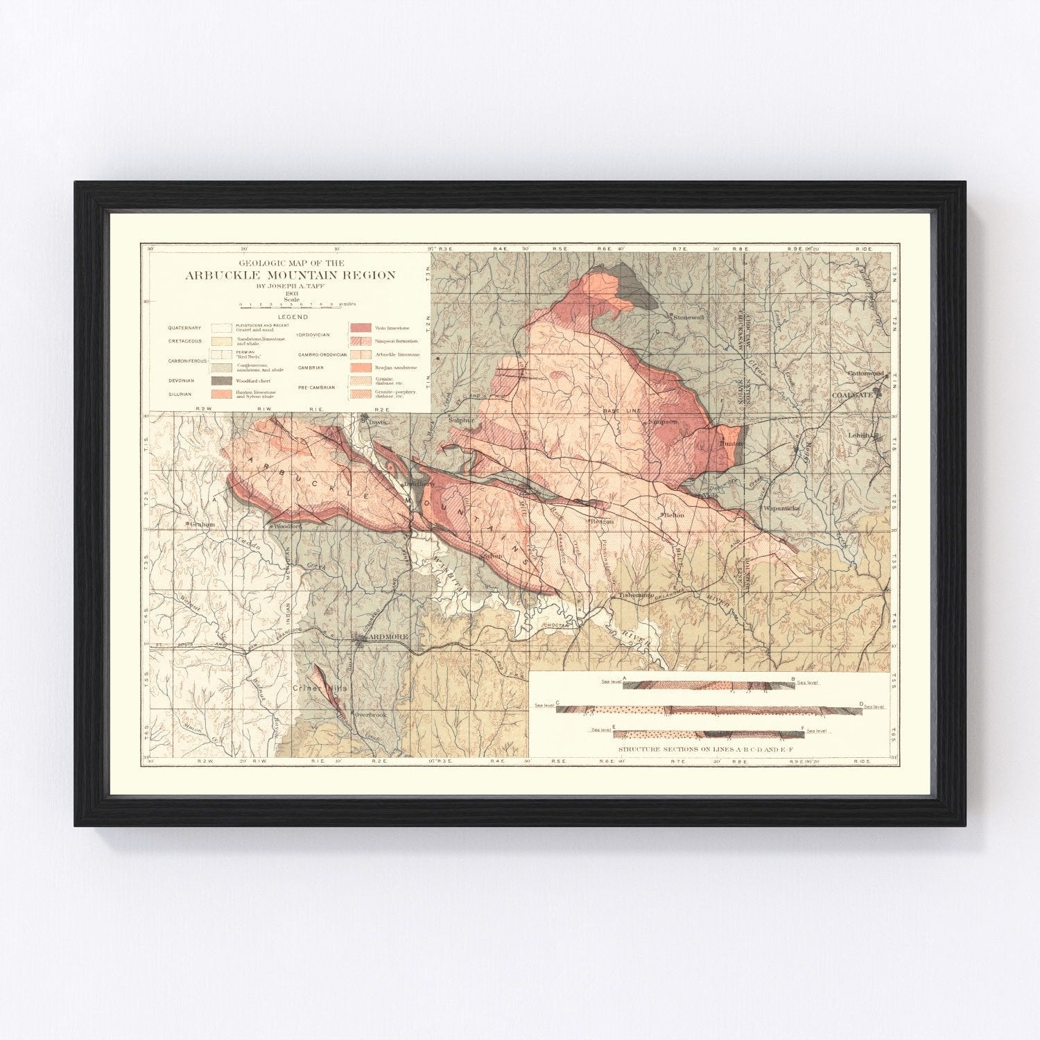 Vintage map of the Arbuckle Mountain region, Oklahoma, 1903 - restored survey print