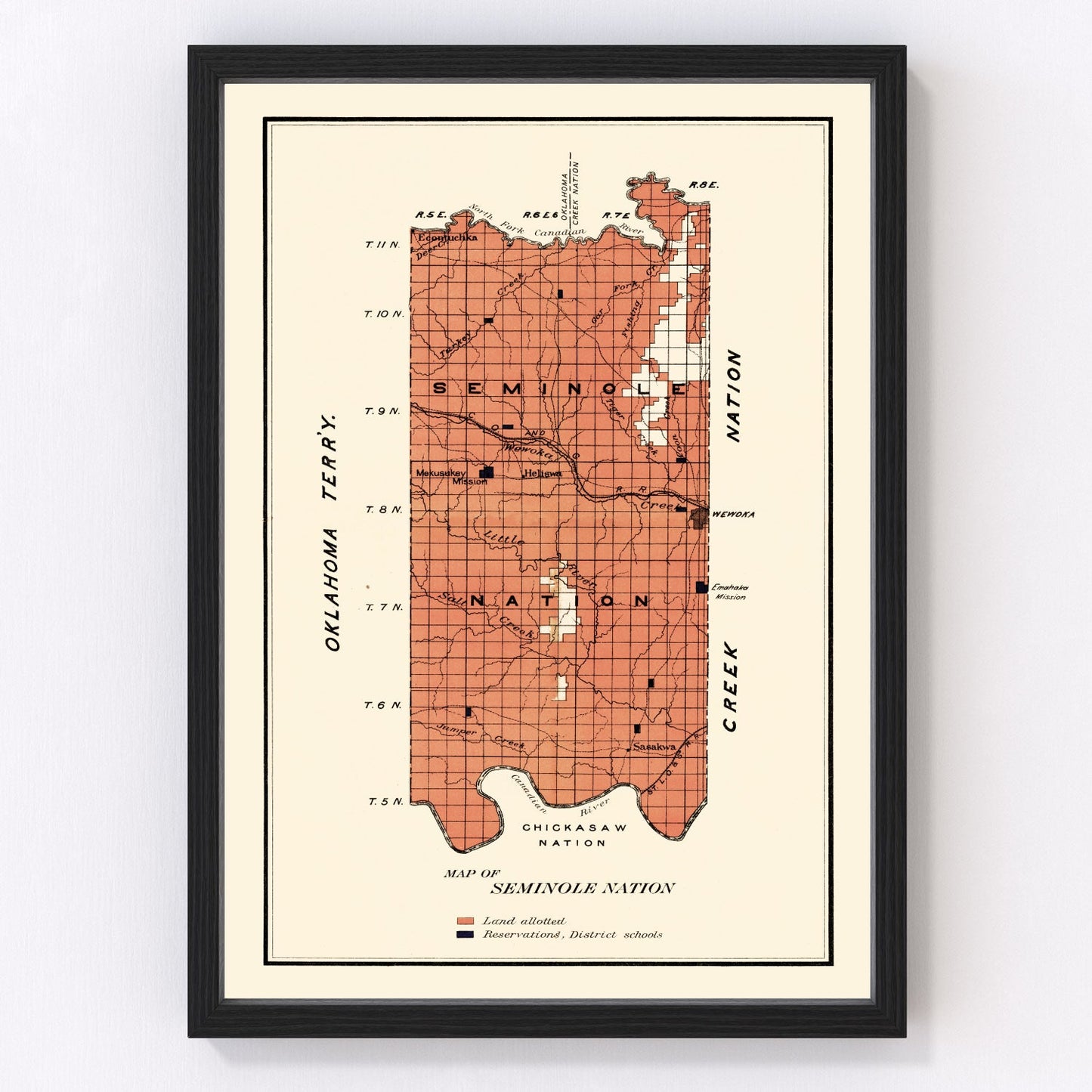 Vintage 1903 map of Seminole Nation territory Oklahoma Indian Territory era, restored print