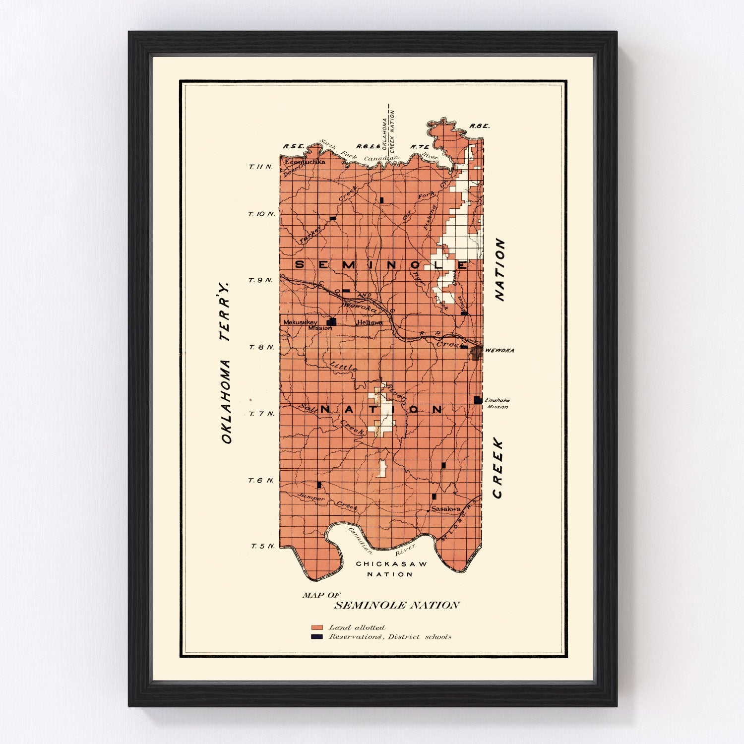 Vintage 1903 map of Seminole Nation territory Oklahoma Indian Territory era, restored print