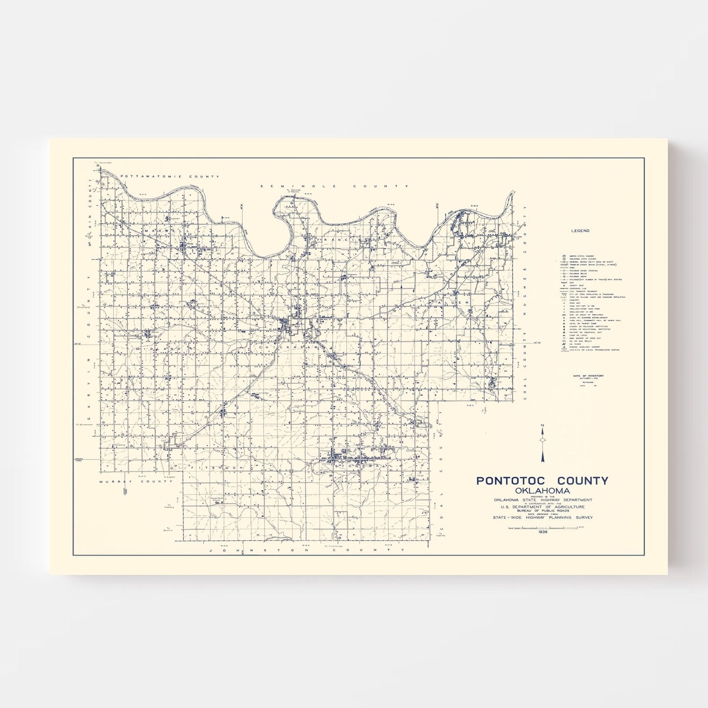 Vintage Map of Pontotoc County, Oklahoma, 1936