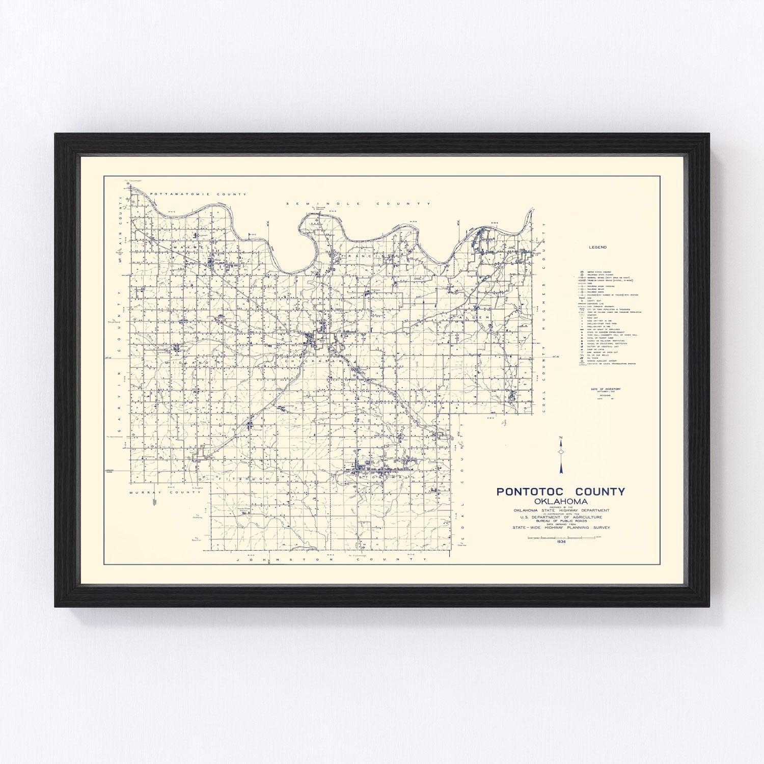 Vintage map of Pontotoc County, Oklahoma, 1936