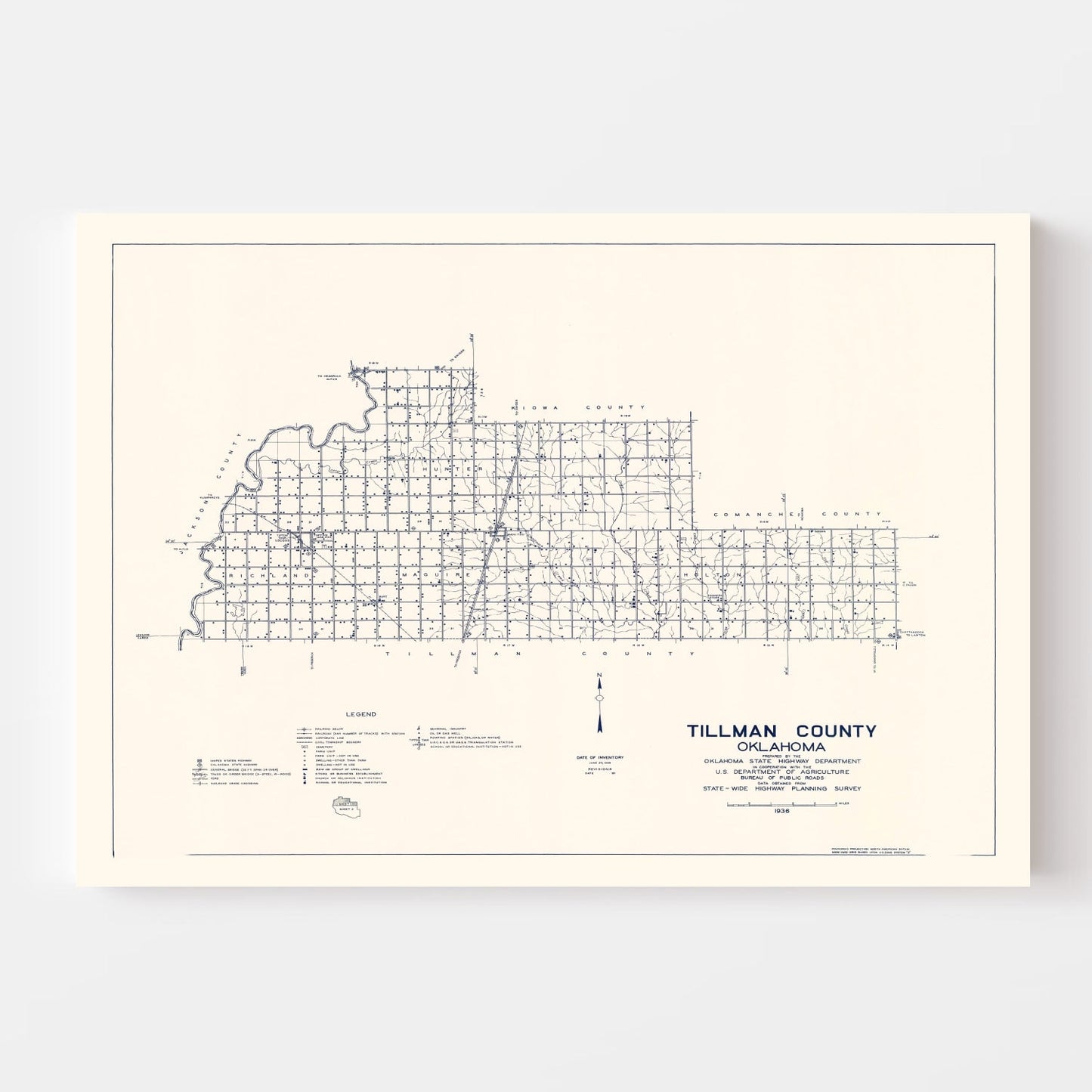 Vintage Map of Tillman County, Oklahoma, 1936