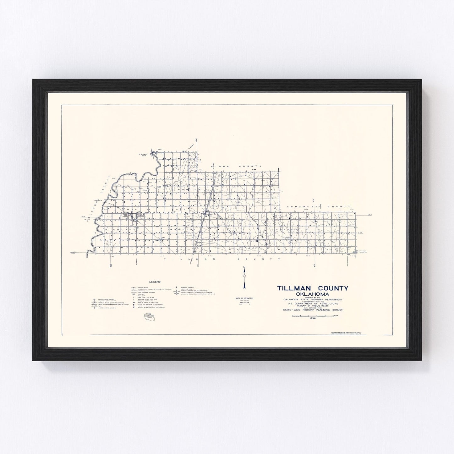 vintage map of Tillman County, Oklahoma, 1936