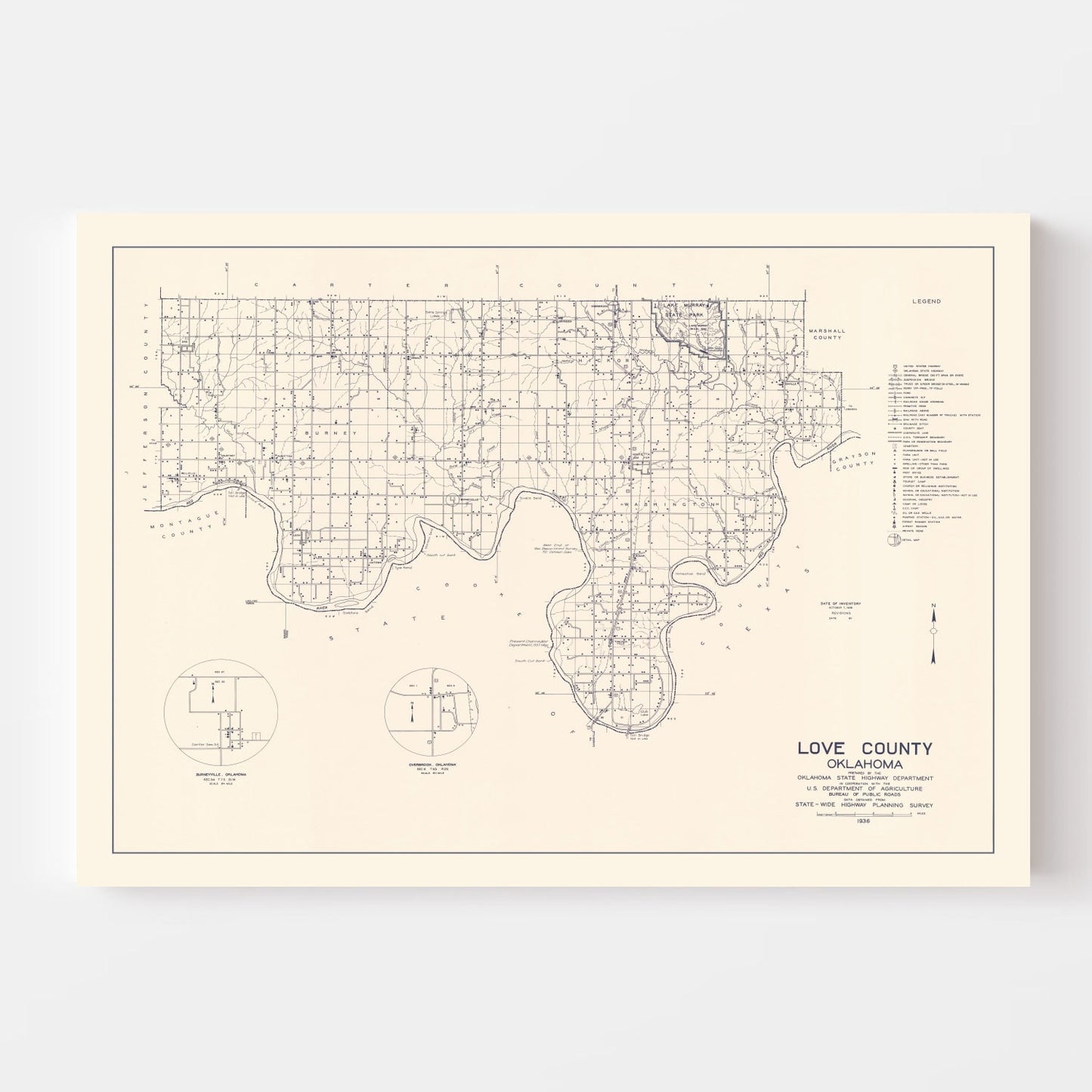 Vintage Map of Love County, Oklahoma, 1936