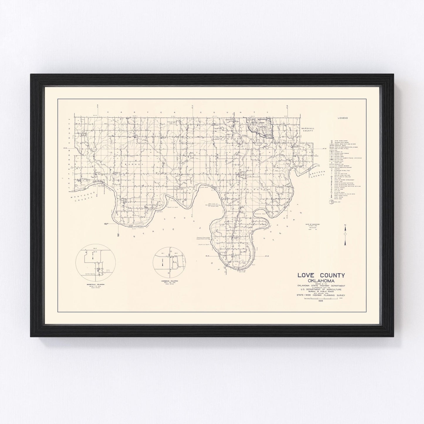 Vintage map of Love County, Oklahoma, 1936