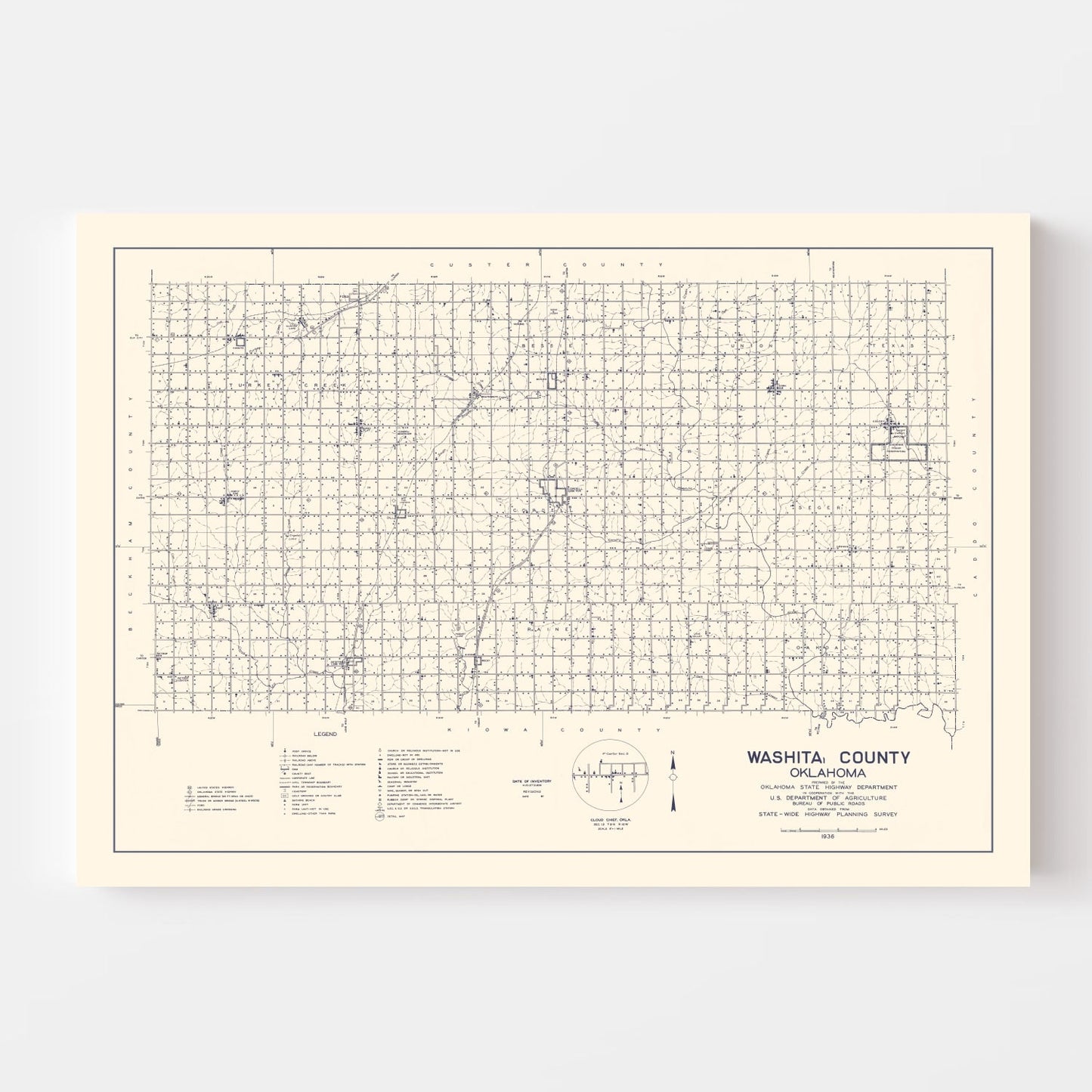 Vintage Map of Washita County, Oklahoma 1936 - Edition II