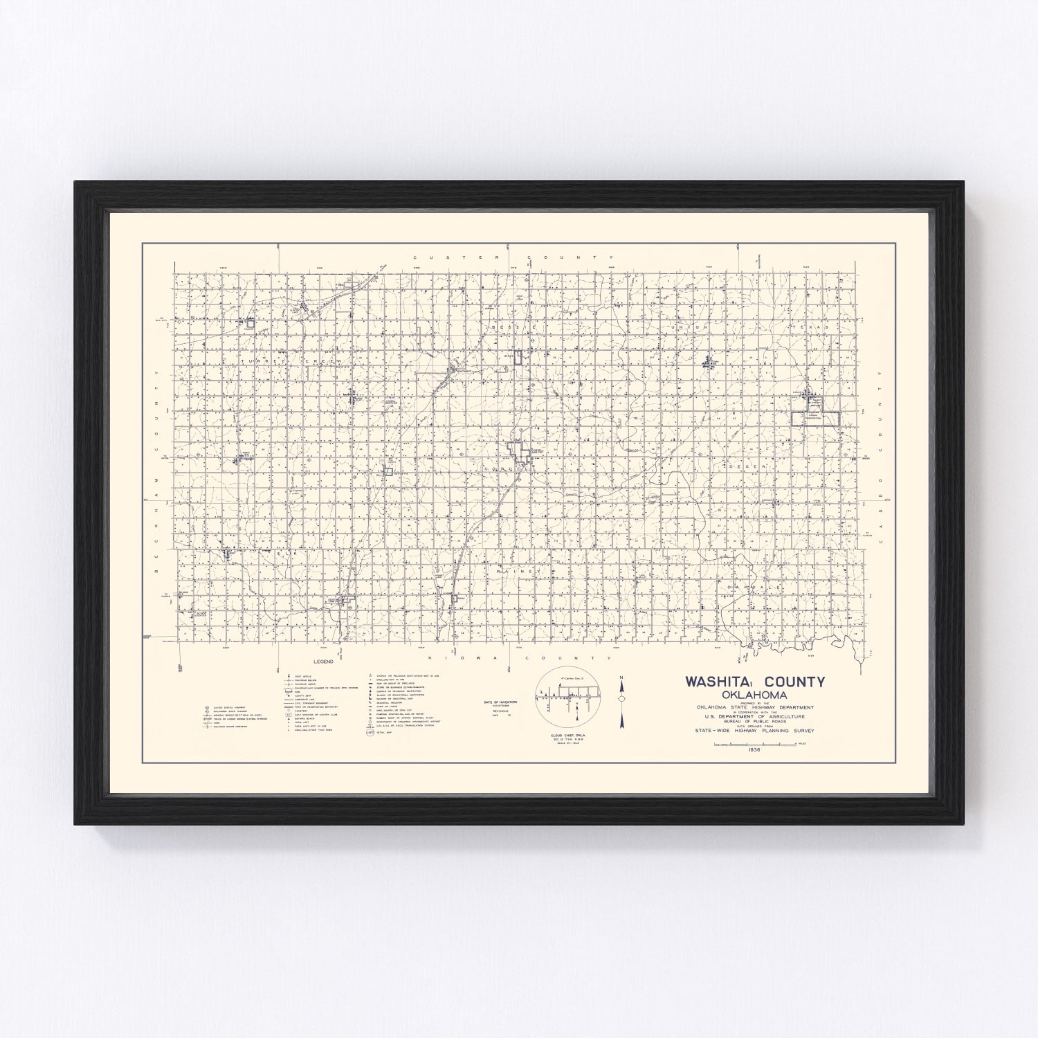 Vintage map of Washita County, Oklahoma, 1936 - Edition II, Cordell restored print