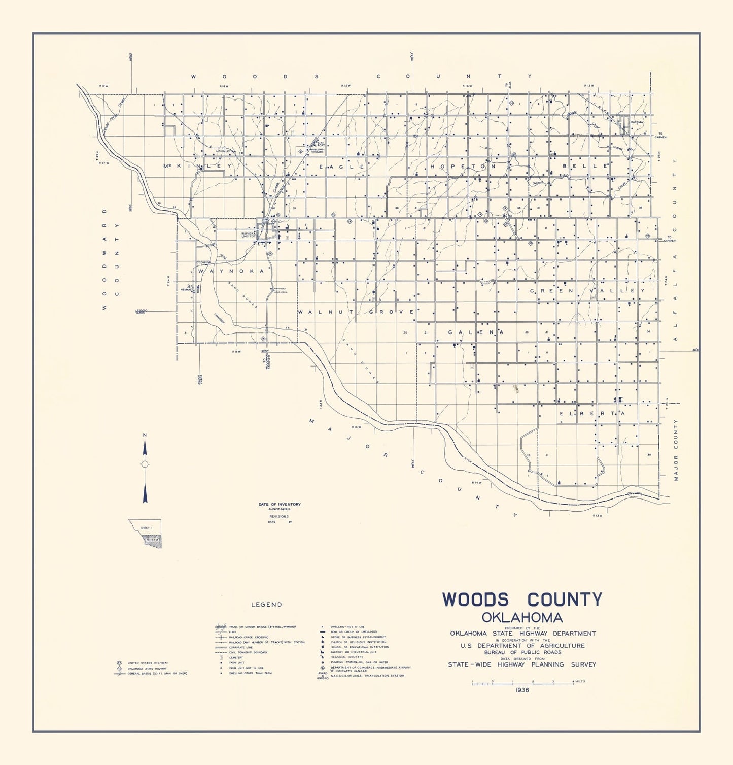 Vintage Map of Woods County, Oklahoma 1936