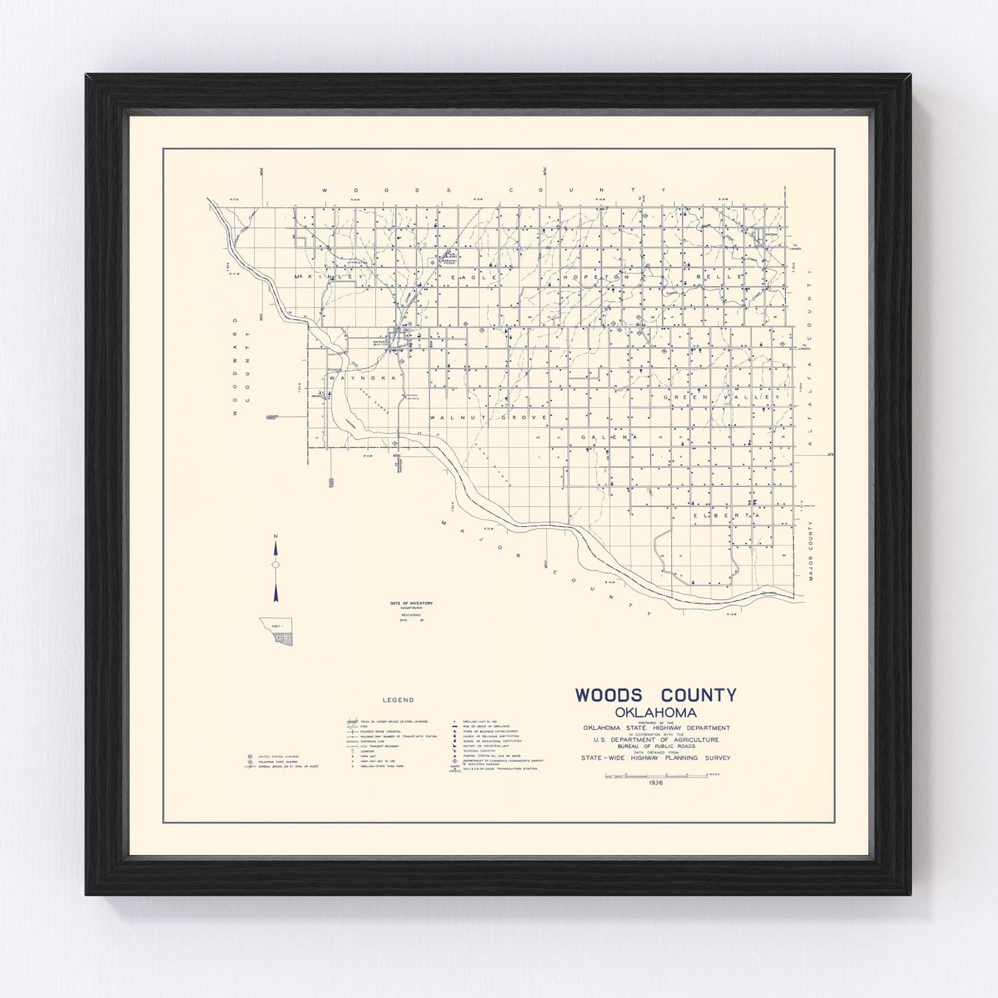 Vintage map of Woods County, Oklahoma, 1936, digitally restored