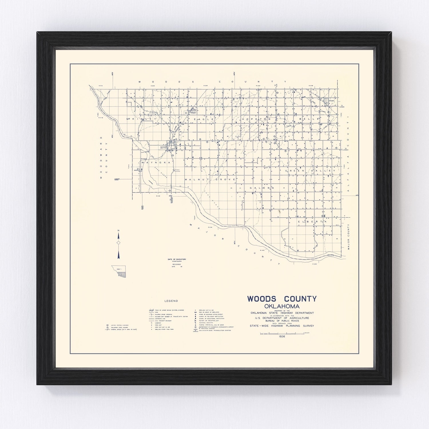 Vintage map of Woods County, Oklahoma, 1936, digitally restored