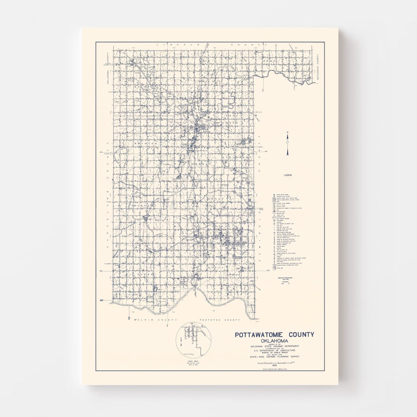 Vintage Map of Pottawatomie County, Oklahoma, 1936