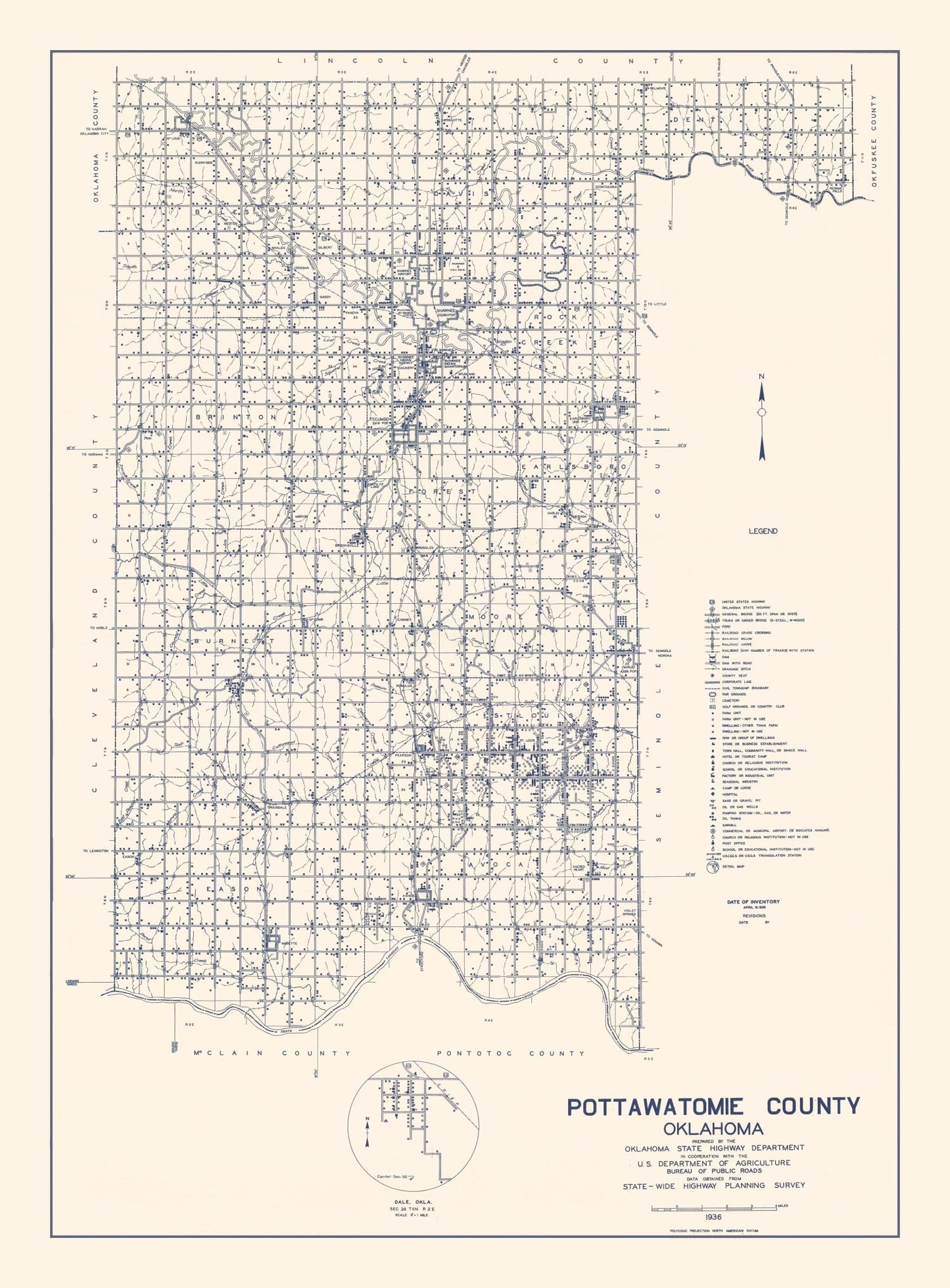 Vintage Map of Pottawatomie County, Oklahoma, 1936