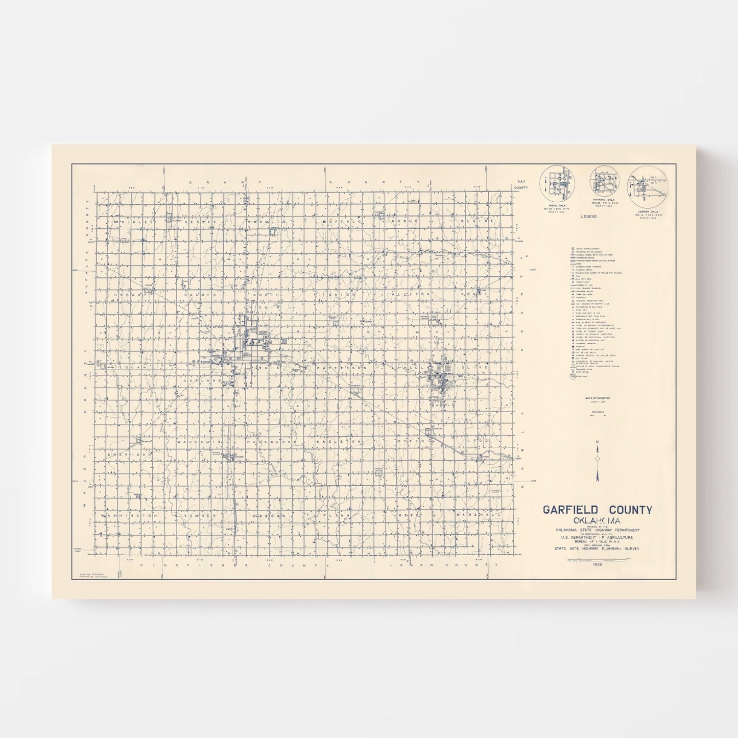 Vintage Map of Garfield County, Oklahoma, 1936