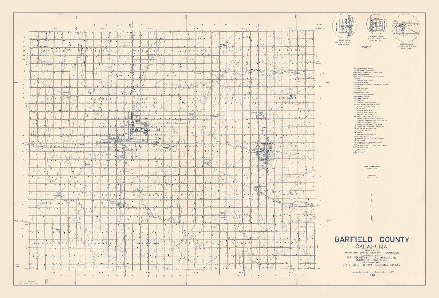 Vintage Map of Garfield County, Oklahoma, 1936