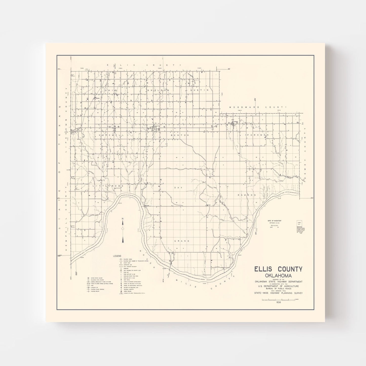 Vintage Map of Ellis County, Oklahoma, 1936