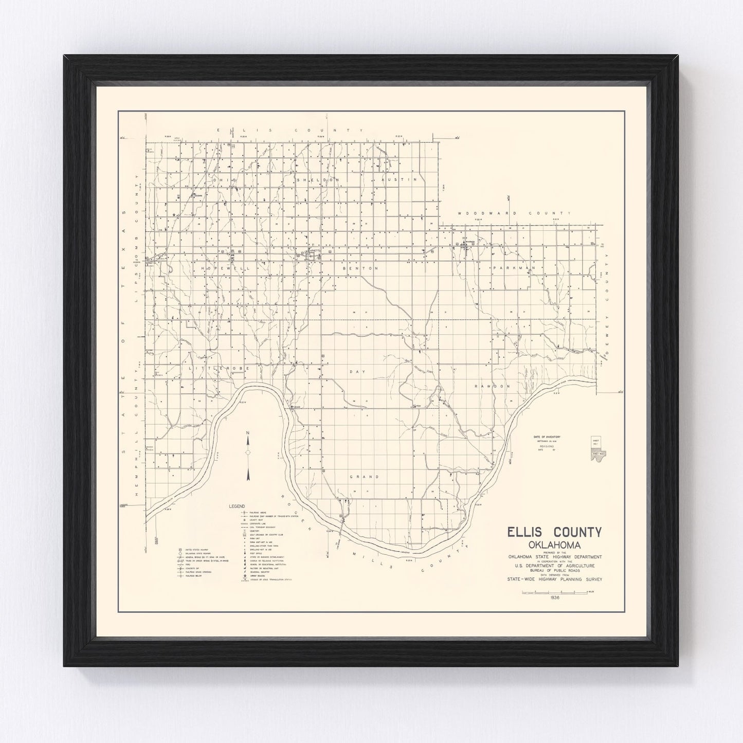 Vintage map of Ellis County, Oklahoma, 1936