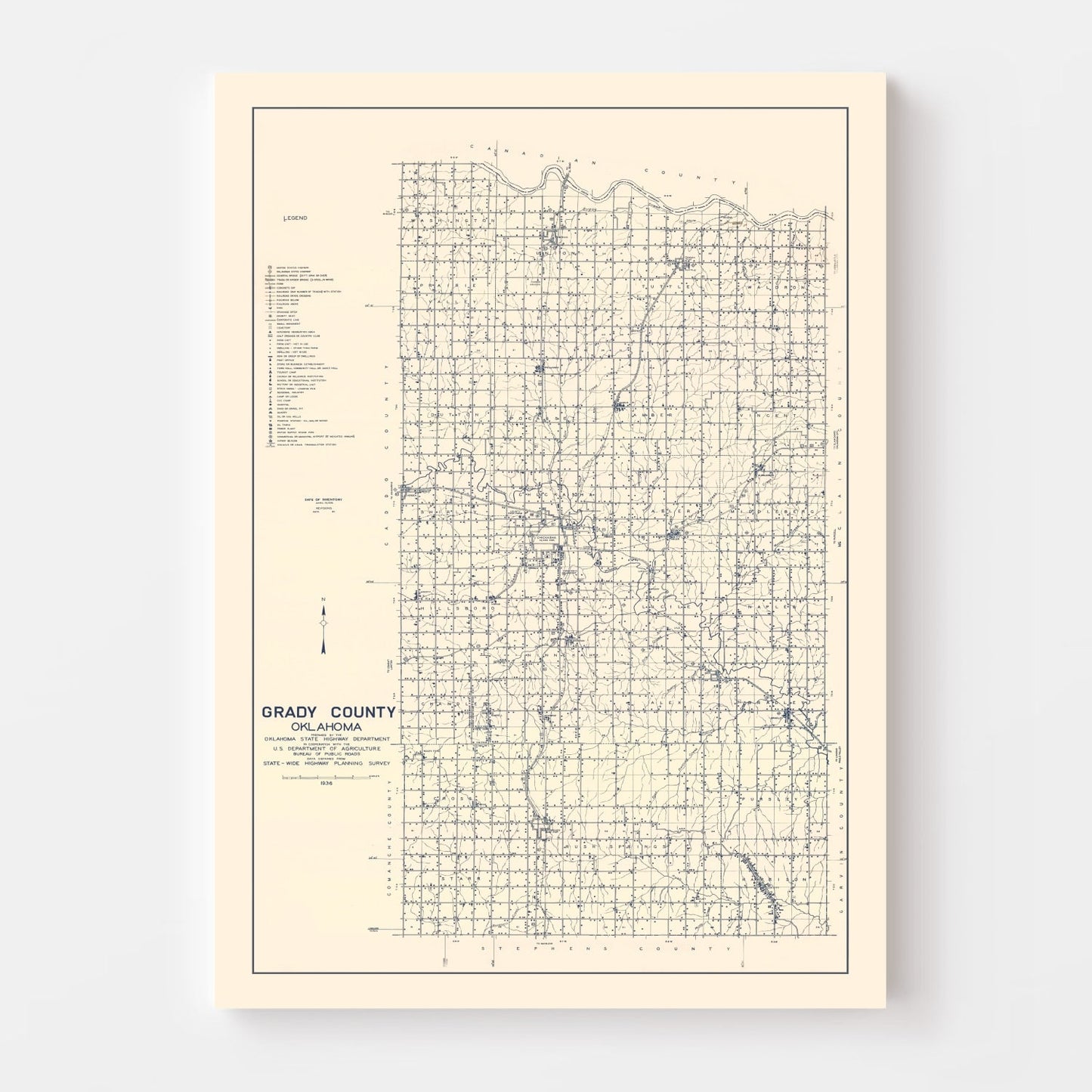 Vintage Map of Grady County, Oklahoma, 1936