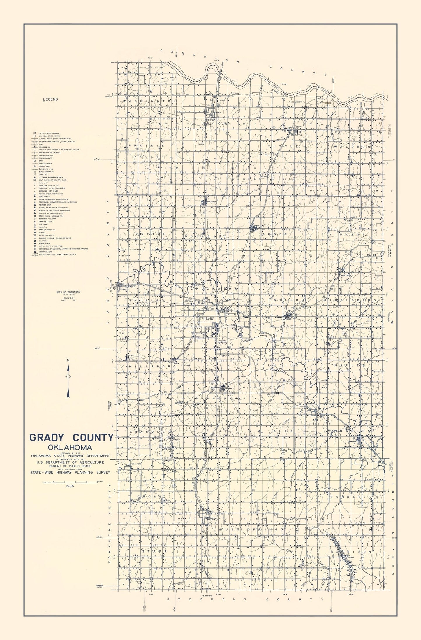 Vintage Map of Grady County, Oklahoma, 1936